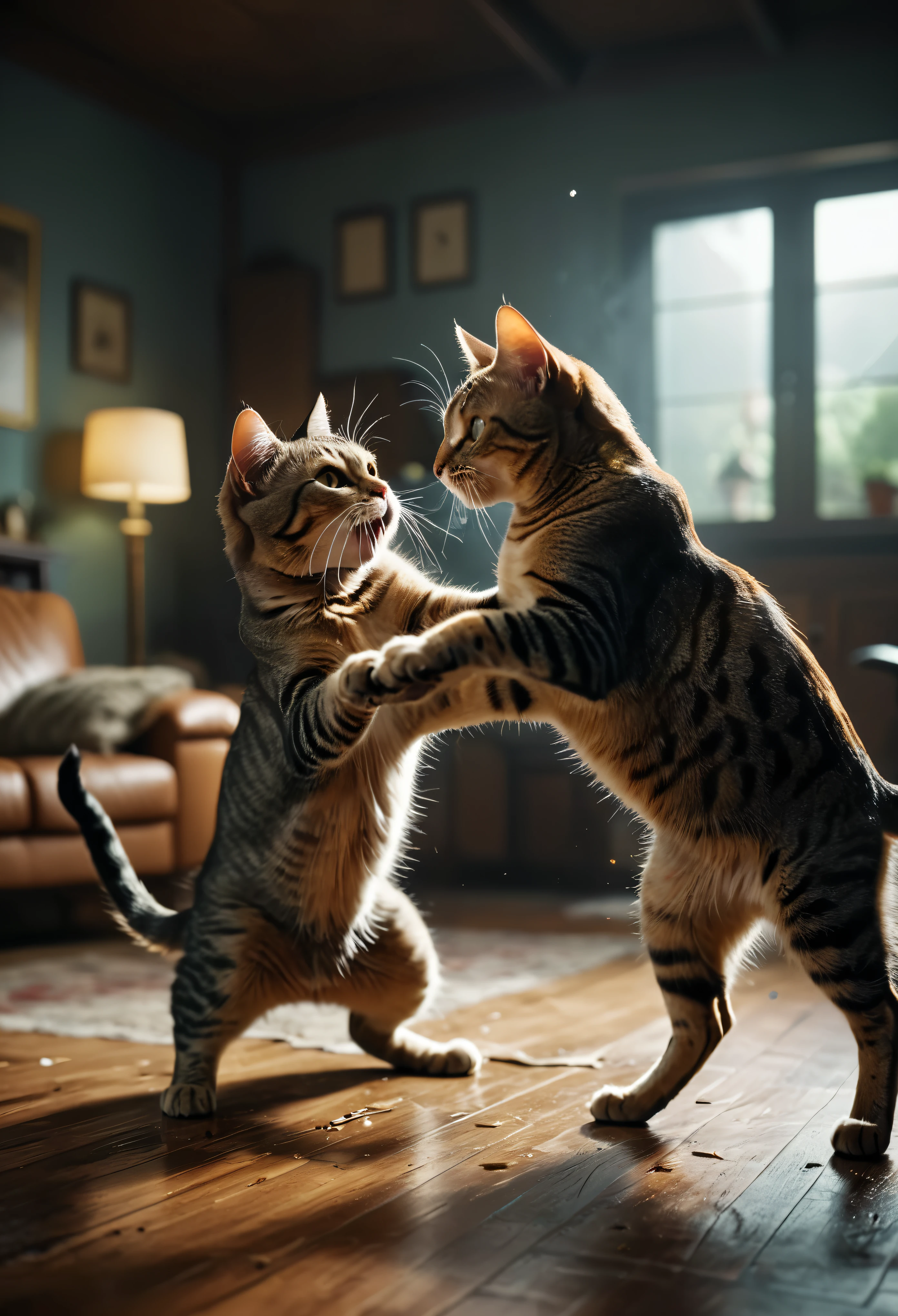 ((Masterpiece in maximum 16K resolution):1.6),((soft_color_photograpy:)1.5), ((Ultra-Detailed):1.4),((Movie-like still images and dynamic angles):1.3),| (cinematic photo of a Cat fight in a living room), (macro lens), (floating dusts), (angry cats), (tyndall effect), (shimmer), (visual experience) ,(Realism), (Realistic),award-winning graphics, dark shot, film grain, extremely detailed, Digital Art, rtx, Unreal Engine, scene concept anti glare effect, All captured with sharp focus.