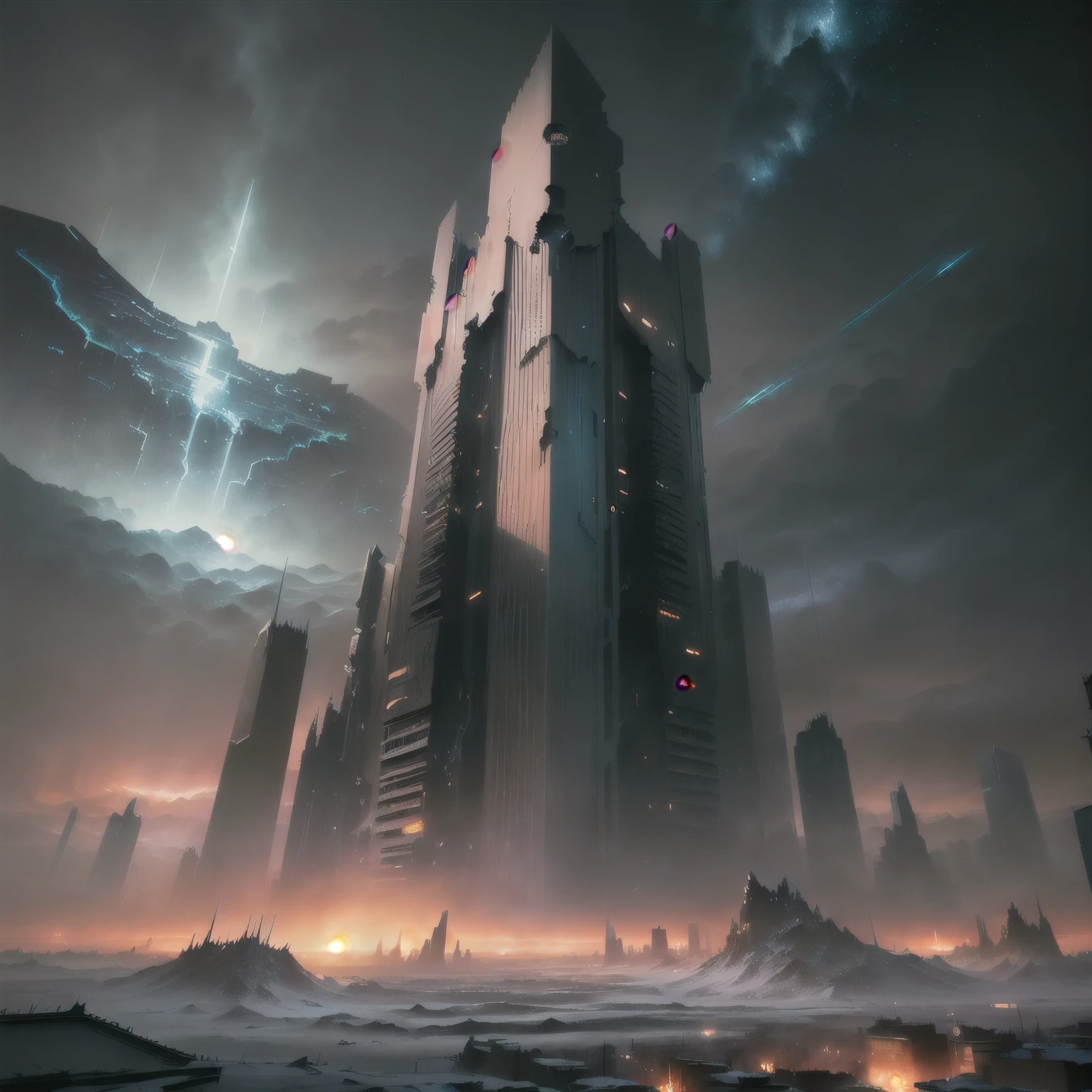 end of the world, epic realistic, (hdr:1.4), (muted colors:1.4), apocalypse, freezing, abandoned, neutral colors, night, screen space refractions, (intricate details), (intricate details, hyperdetailed:1.2), artstation, cinematic shot, vignette, complex background, buildings, snowy