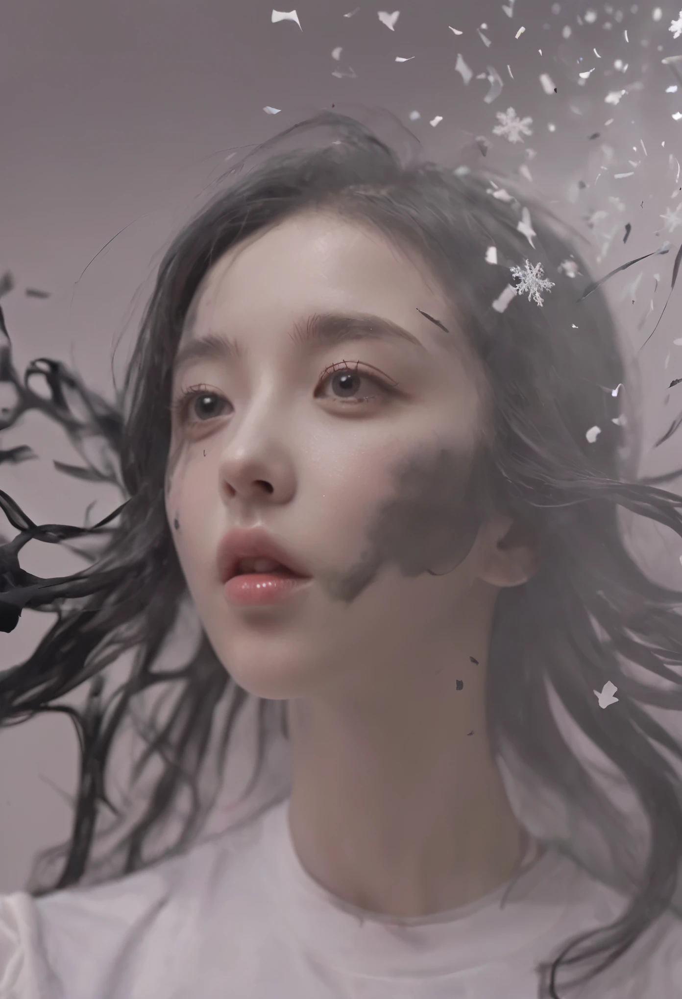 Confetti falls like snowflakes, A girl made up of black smoke