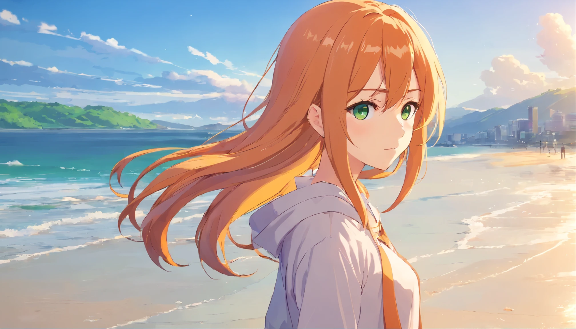 Anime girl with long orange hair, standing on the beach near the ocean, green eyes detailed digital anime art, Anime girl with long hair, гладкое аниме cg art, Anime girl with long hair, digital anime art, work in Guweiz style, Beautiful anime portrait, Photorealistic render of an anime girl, Beautiful anime girl, advanced digital anime art, guweiz на artstation pixiv HD UHD HQ
