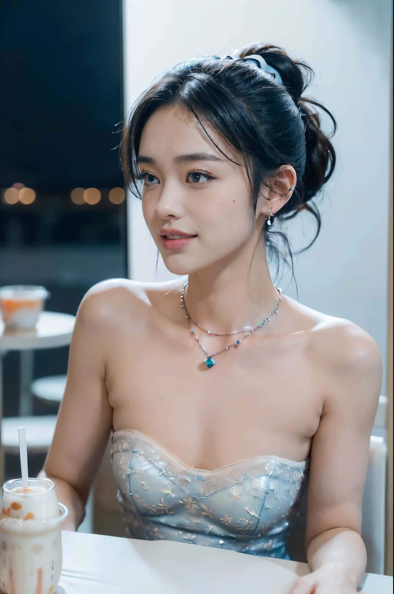 ((((8k))),((Extremely meticulous CG)) ,(wallpaper),16k,((Extremely refined and beautiful)),(((Masterpiece))),(((best qualtiy))),(((Ultra High Resolution))),beautiful light up,Perfect lightning,realistic shaded,(high resolution),(Smooth and flawless fair skin:1.5),(pale skin:1.3),(Extremely exquisite facial details:1.3),(perfect body:1.1),(ultra-detailed),A beautiful girl,solo,(small head:1.2),(short ponytail:1.2),(small face:1.2),(happy:1.2),(smile:1.2),(earrings:1.2),(crystal necklace:1.2),(open mouth:1.5),(blush:1.3),(female orgasmic:1.3),(ahegao:1.3),(lace,see through)),(small breasts:1.2),((flat chests:1.2),(slim,thin),(strapless blue dress:1.3),(night scene:1.3),(in the Milk tea shop:1.3),(indoor:1.2),(Sitting on a chair behind the table:1.3),(A cup of milk tea on the table:1.3),(close-up of face:1.2),(from front:1.2),(night view of the city:1.3),(neon lights:1.3)