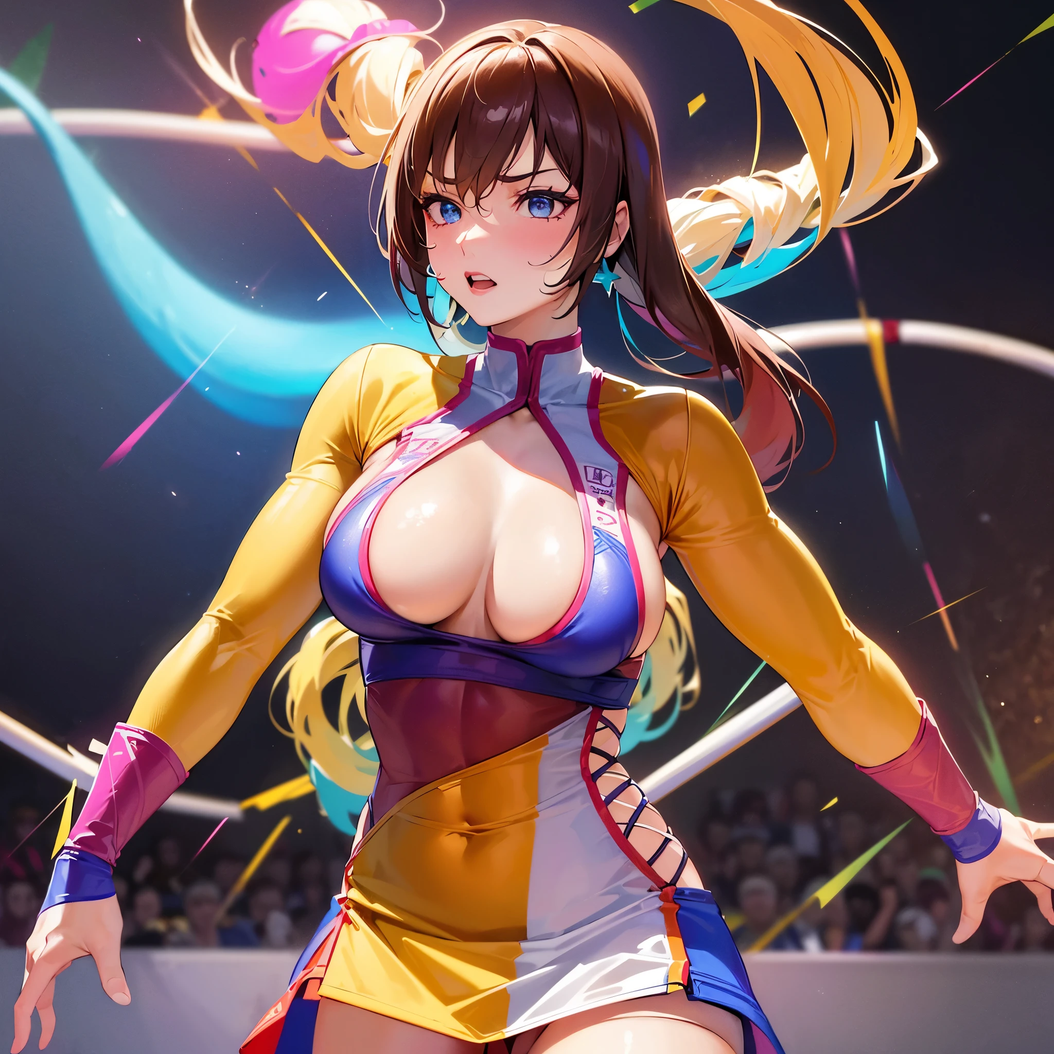 (best quality,4k,highres,masterpiece:1.2),ultra-detailed,(realistic:1.37) A pair of cute, athletic, exotically dressed with bright colors, Japanese women, wrestle each other in a stadium wrestling ring,under the dazzling lights. The women have intricate face paint and wear vibrant costumes that showcase their individuality. They have (long, flowing hair), and their eyes are (expressive and captivating:1.1). The ring is surrounded by cheering spectators who are on the edge of their seats, adding to the atmosphere of excitement. The stadium is filled with top-notch studio lighting that highlights every muscle and movement of the wrestlers. The scene is depicted in a (striking, vibrant:1.1) art style, with intense colors that enhance the energy and fierceness of the wrestling match. The lighting casts dramatic shadows and emphasizes the power and determination of the wrestlers. The women exhibit exceptional strength and agility as they engage in various (graceful balletic movements) and (powerful throws). The intensity of their match is enhanced by the use of (slow motion techniques). The entire scene exudes a sense of (jaw-dropping athleticism and elegance) as the women showcase their skill and passion for the sport.
