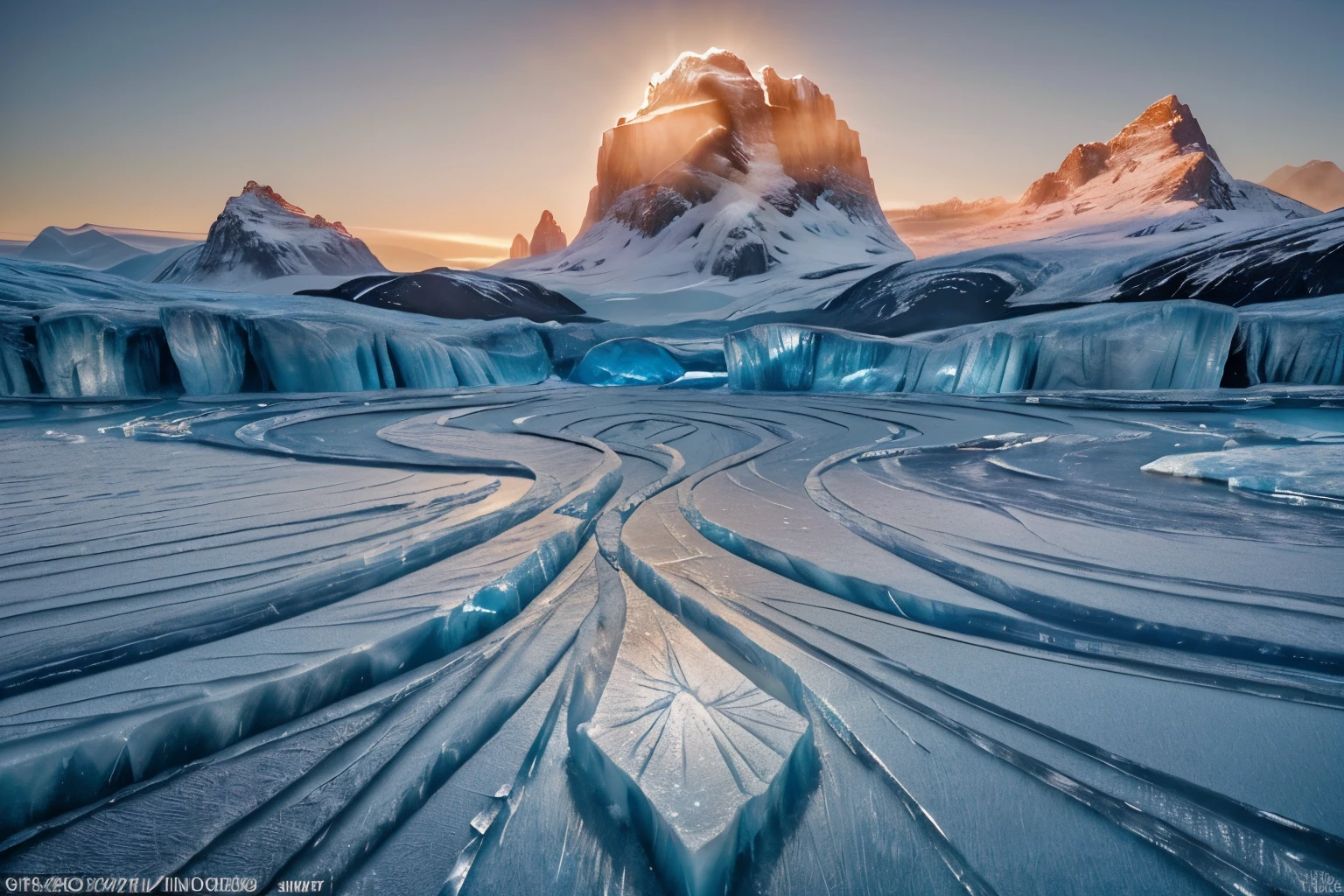 The frigid glory of an icy landscape unfolds beneath the vibrant hues of a sunrise, casting a golden glow upon the frost-covered terrain. In the center, a majestic glacier stands tall, its icy peaks shimmering in the soft morning light. This image, whether a photograph or a painting, exudes a sense of tranquility and majesty, capturing the serene beauty of a frozen world awakening to the dawn. Each detail is crisp and clear, showcasing the intricate textures of the icy surface and the delicate play of light and shadow. This stunning portrayal of nature's breathtaking spectacle is sure to leave a lasting impression on the viewer.