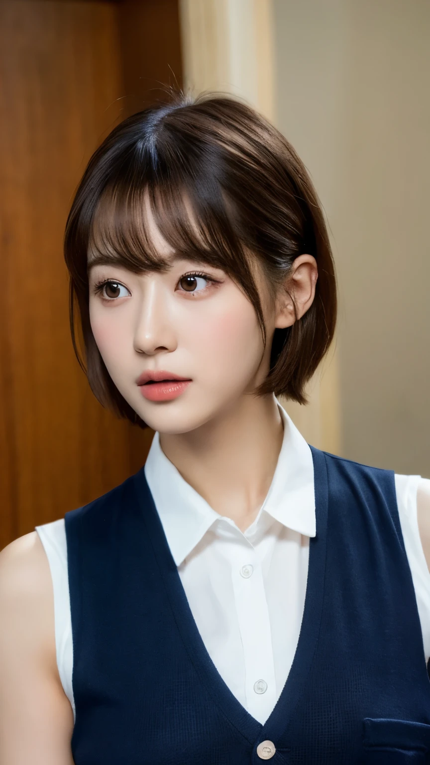 (lifelike, high resolution:1.3), 1 girl with perfect figure, The face shape and eyes are super delicate, short hair, random color vest:1.2,medium chest,nipple bulge,Baogou
