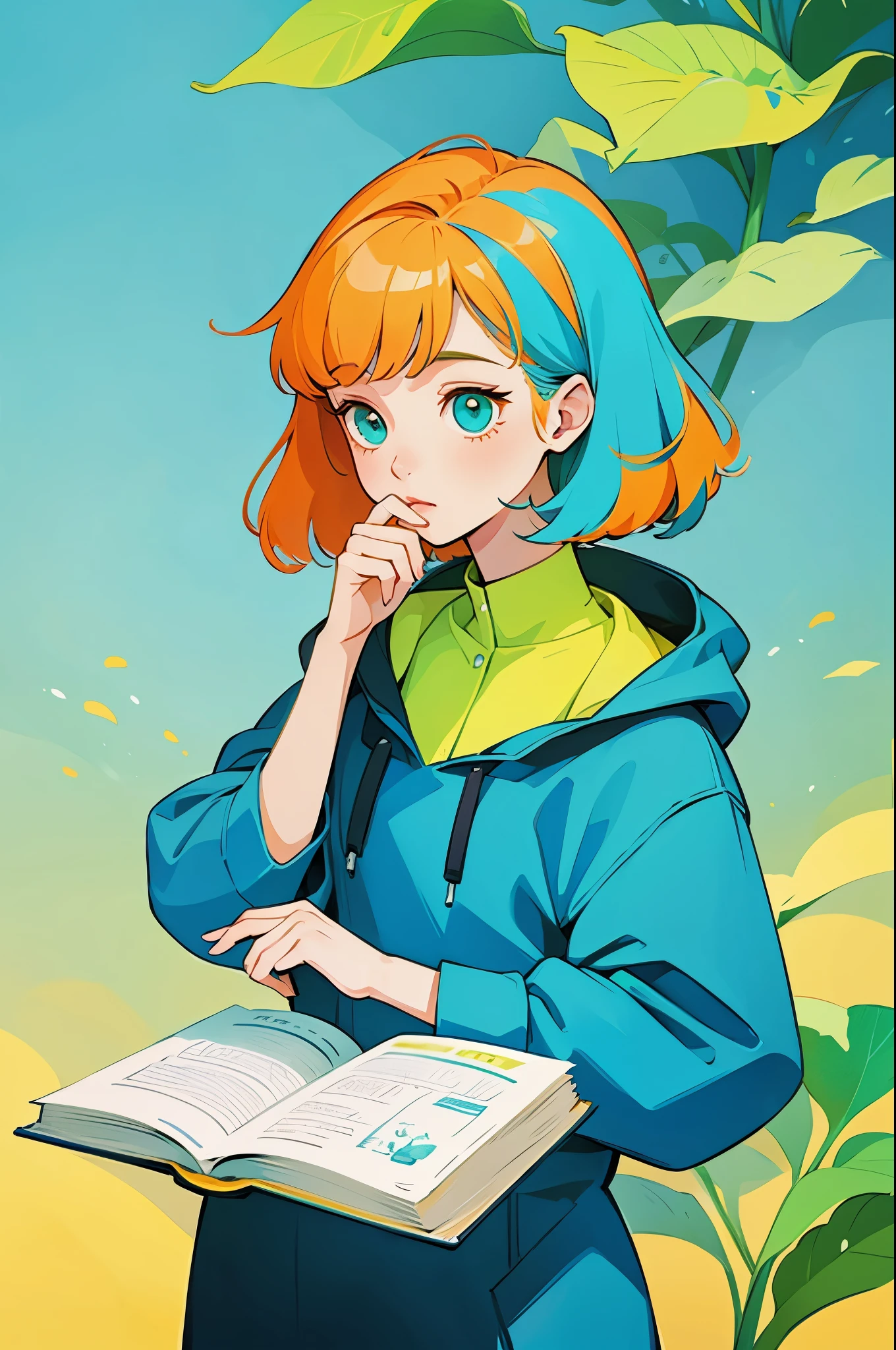 yxycolor，girl reading book ，Simple drawing、green，blue，orange color，illustration