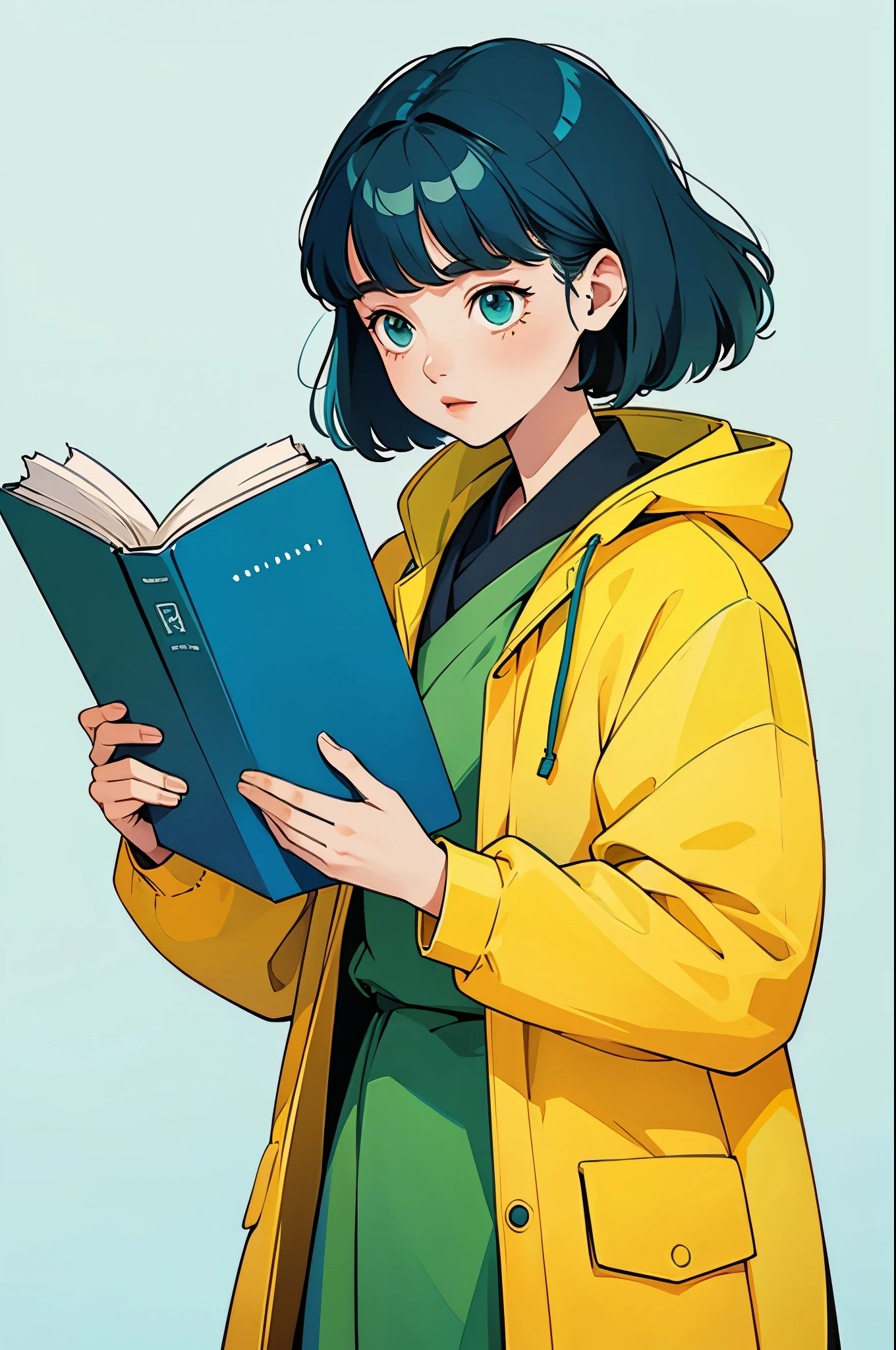 yxycolor，girl reading book ，Simple drawing、green，blue，orange color，illustration