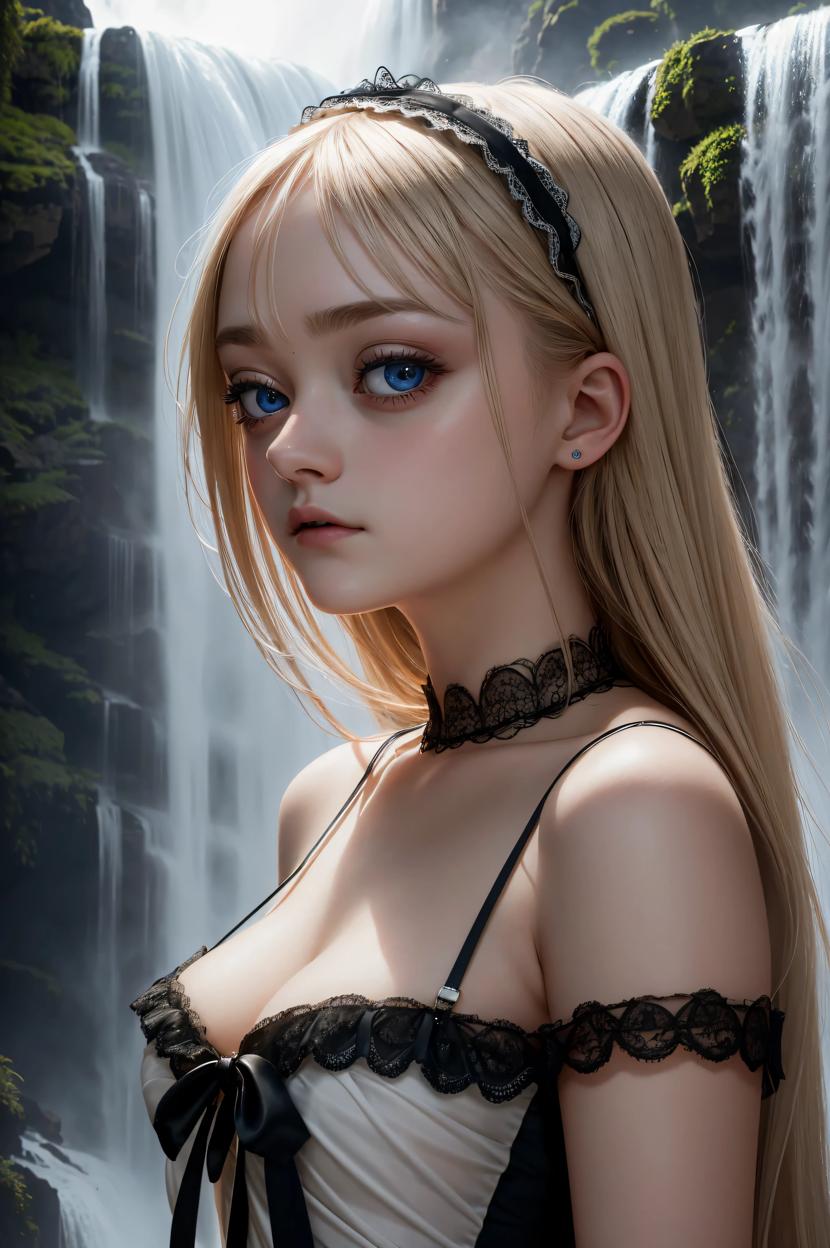 Dakota Fanning, wearing nude french maid costume. professionally retouched, soft lighting, realistic, smooth face, perfect eyes, sharp focus on eyes, 8 k, high definition, insanely detailed, intricate, elegant. against the background of a waterfall.