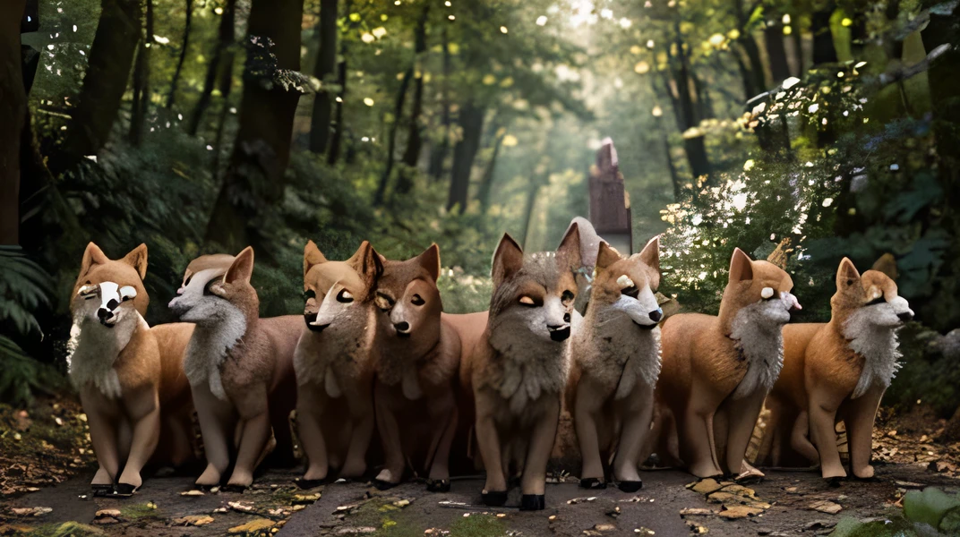 a team of highly coordinated animals gather around, foxes being the main focus. Incredibly detailed foxes with shining fur, expressive eyes, and sharp noses. The scene is set in a lush forest with vibrant green foliage and dappled sunlight filtering through the leaves. The animals are positioned in a harmonious formation, creating a sense of unity and purpose. The foxes exhibit their intelligence and strong bond as they communicate through subtle gestures and eye contact. The artwork is rendered in a realistic style, capturing the intricacies of each individual animal. The colors are vivid and saturated, with warm tones dominating the scene, giving the impression of a golden hour atmosphere. The lighting is skillfully composed, highlighting the foxes' features and casting soft shadows on the forest floor. The overall image quality is exceptionally high, with ultra-detailed fur textures and finely rendered details in the environment. The composition evokes a sense of awe and admiration for the beauty and intelligence of these animals.