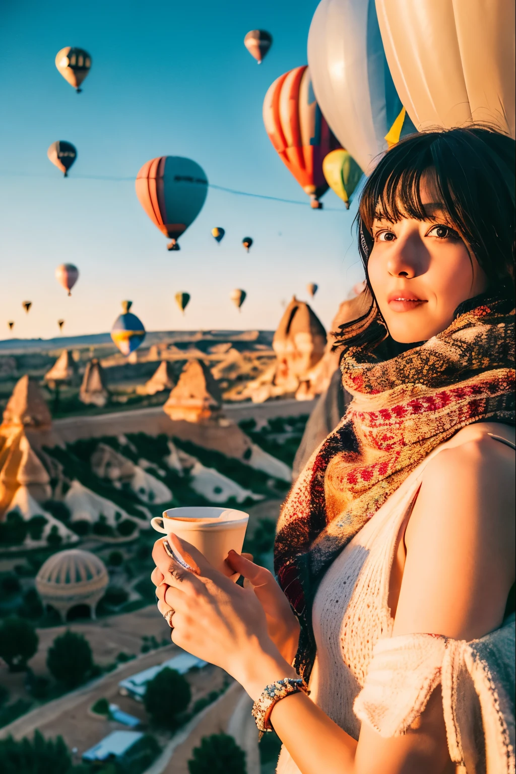 Cappadocia　View lots of balloons from your hotel balcony　breakfast　coffee　couple　30 generations　honeymoon　　diamond ring　scarf　gucci　one piece　 Bokeh, sharp focus,　Highest