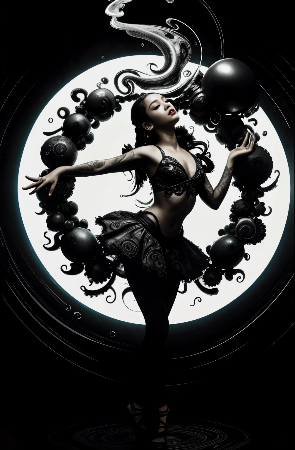 Alberto seveso art, Jenna Ortega (Jenna Ortega) Dancing silhouette, ink, black ink, Baimoyun, bubble, Alberto seveso art, loose style, intricate details, light, octane rendering, 8k rendering, Volumetric lighting