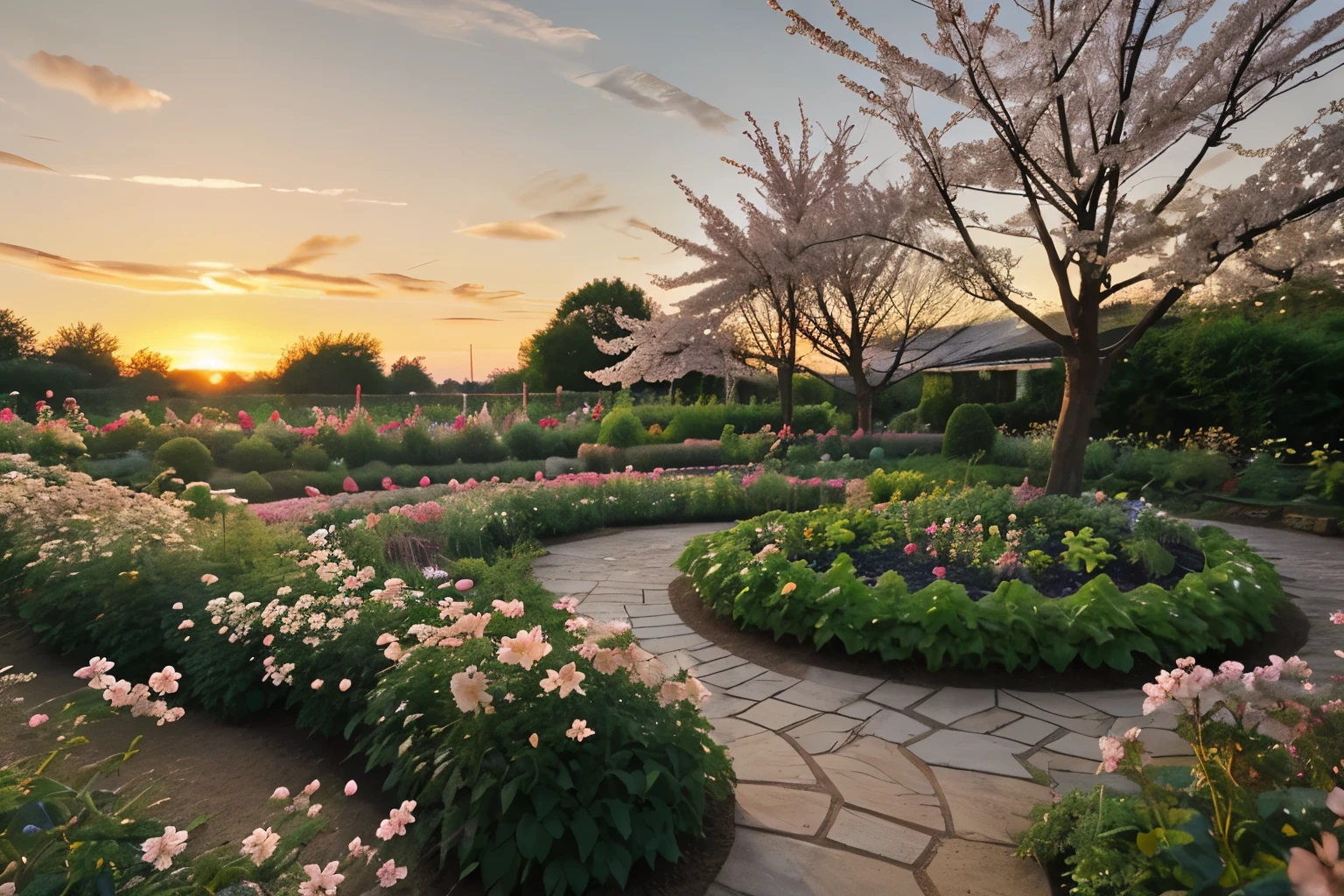 Sunrise in a garden filled with blossoms