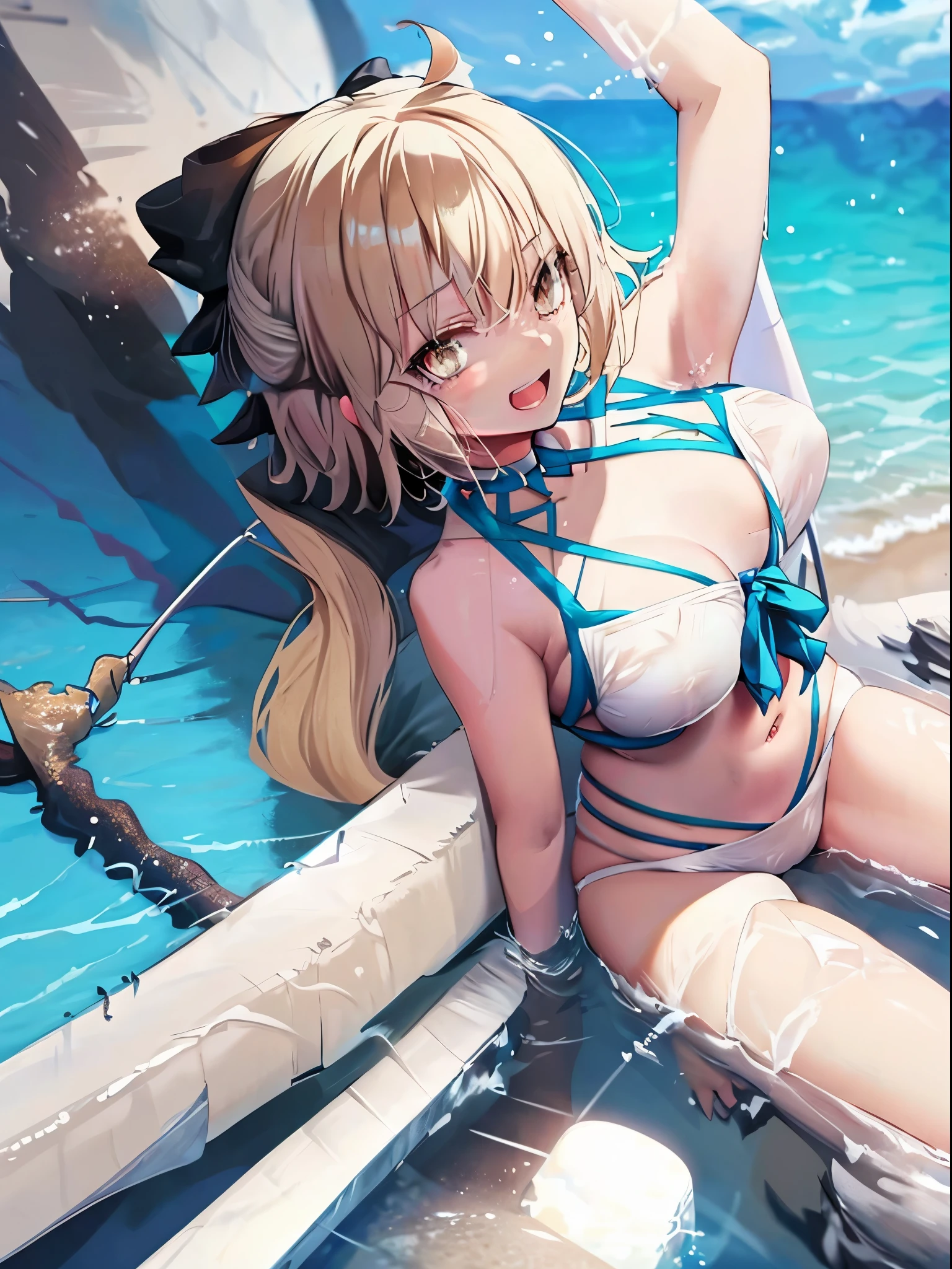 masterpiece,(ultra-detailed),1girl, okita_souji \(fate\), smile,open_mouth, swimsuit, white bikini, side-tie bikini bottom, shrug \(clothing\), wristband, large_breasts, ocean, splashing,blonde_ponytail,apart_legs,