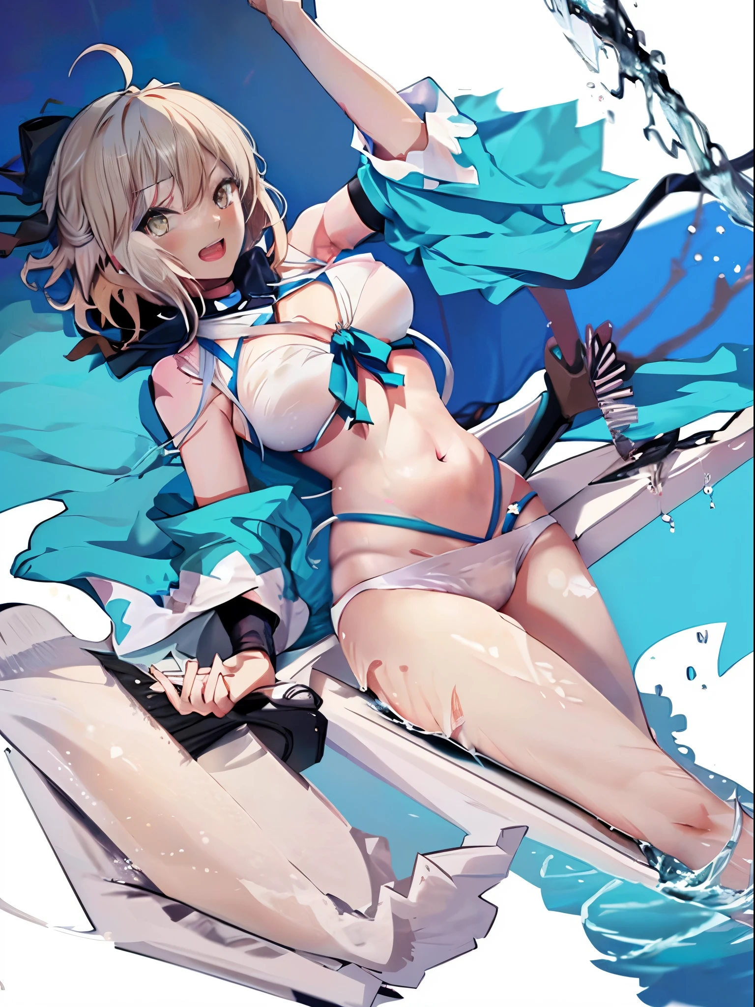 masterpiece,(ultra-detailed),1girl, okita_souji \(fate\), smile,open_mouth, swimsuit, white bikini, side-tie bikini bottom, shrug \(clothing\),  wristband,  large_breasts, ocean, splashing,blonde_ponytail,apart_legs,