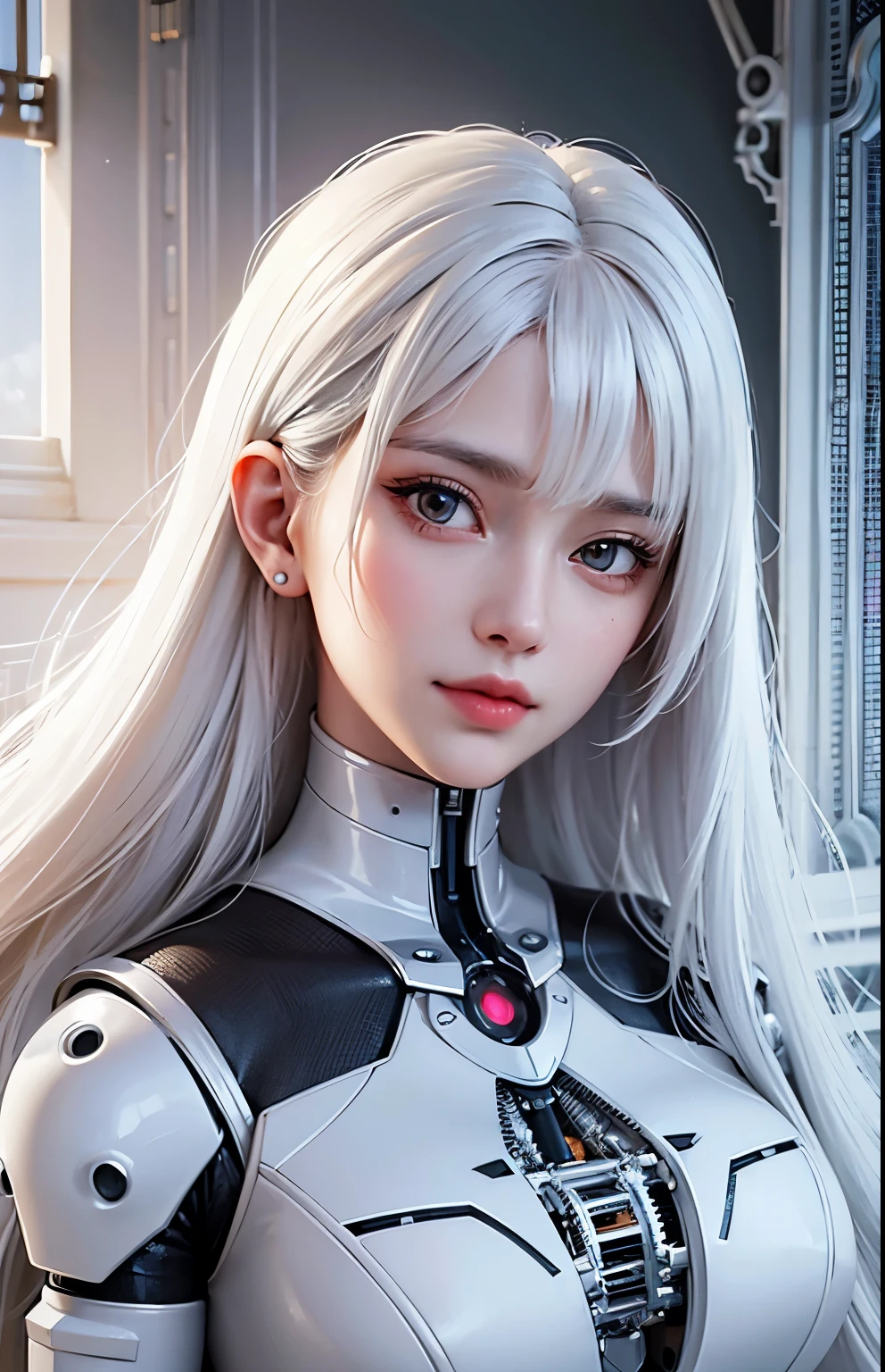 (original) , (very detailed wallpaper) , very detailed illustrations, (1 Girl) , beautiful eyes, (delicate face) , ((perfect detail)), ((white mechanical parts:1.4)), mechanical spine, mechanization, future, wide hips, laboratory, ((mecha)), stylish energy \(module\), repairing, (best lighting) , (super complex detail) , 4K Unity, (super detailed CG: 1.2) , (8K: 1.2) , lifelike,(realistic:1.4),best quality,detailed skin,detailed hair,detailed face,detailed eyes,nfsw,((white hair)),one bionic eye,upperbody