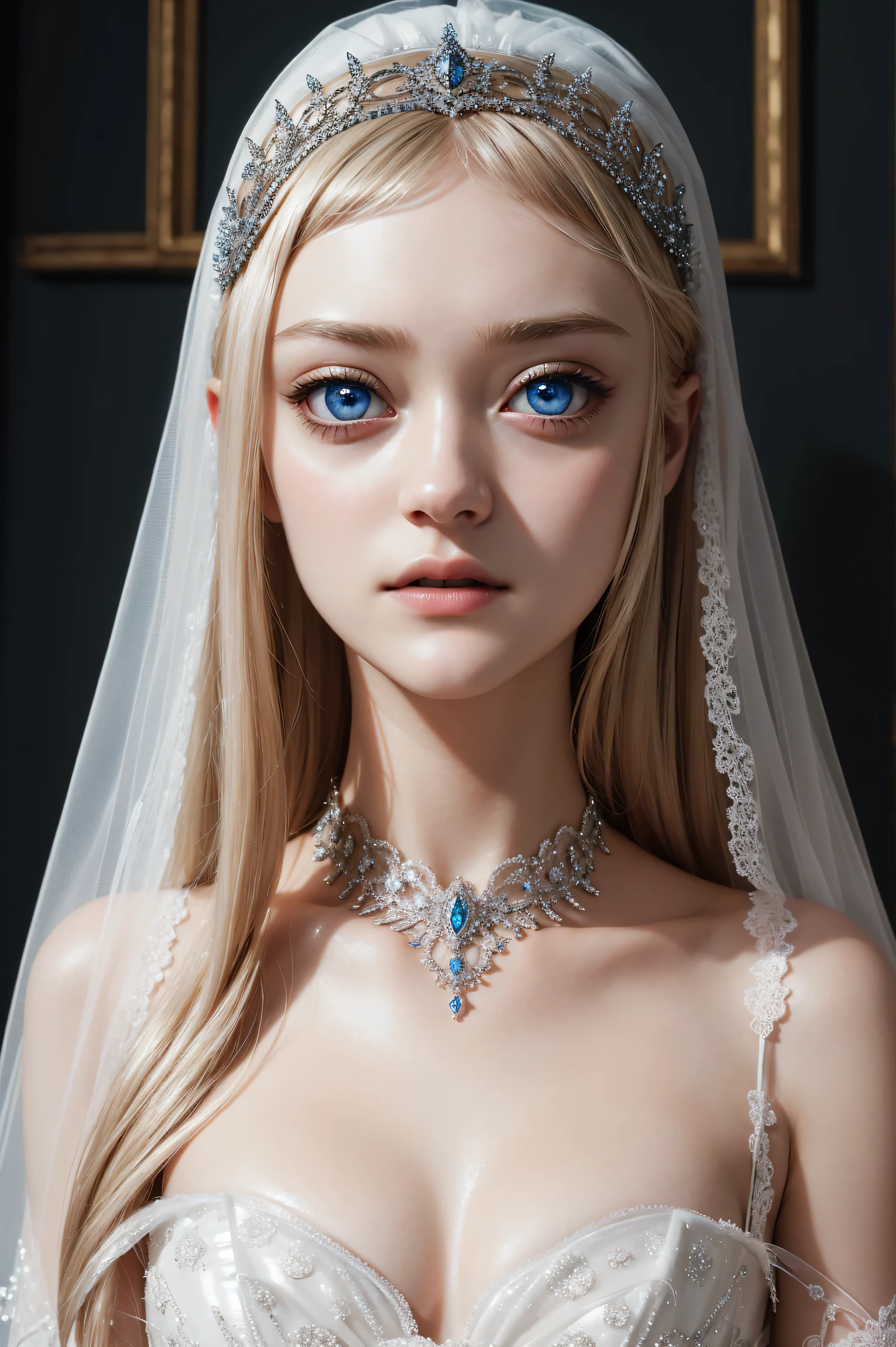 Dakota Fanning, wearing veil tiara bride latex costume. professionally retouched, soft lighting, realistic, smooth face, perfect eyes, sharp focus on eyes, 8 k, high definition, insanely detailed, intricate, elegant. in a natural background.