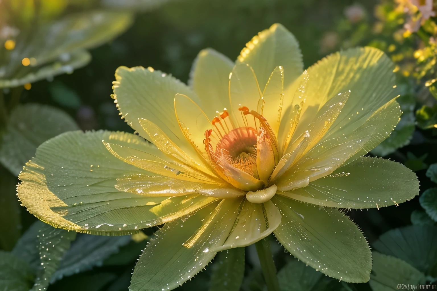 In a garden bathed in the golden light of sunrise, delicate blossoms cast dappled shadows on the dew-kissed grass. The petals glisten with fresh morning dew, each flower exuding a sweet, intoxicating fragrance. This breathtaking scene, captured in a vivid photograph, transports the viewer to a tranquil oasis where nature's beauty is at its peak. The vibrant colors and crisp details make this image a stunning work of art that truly captures the essence of a blooming garden at dawn.