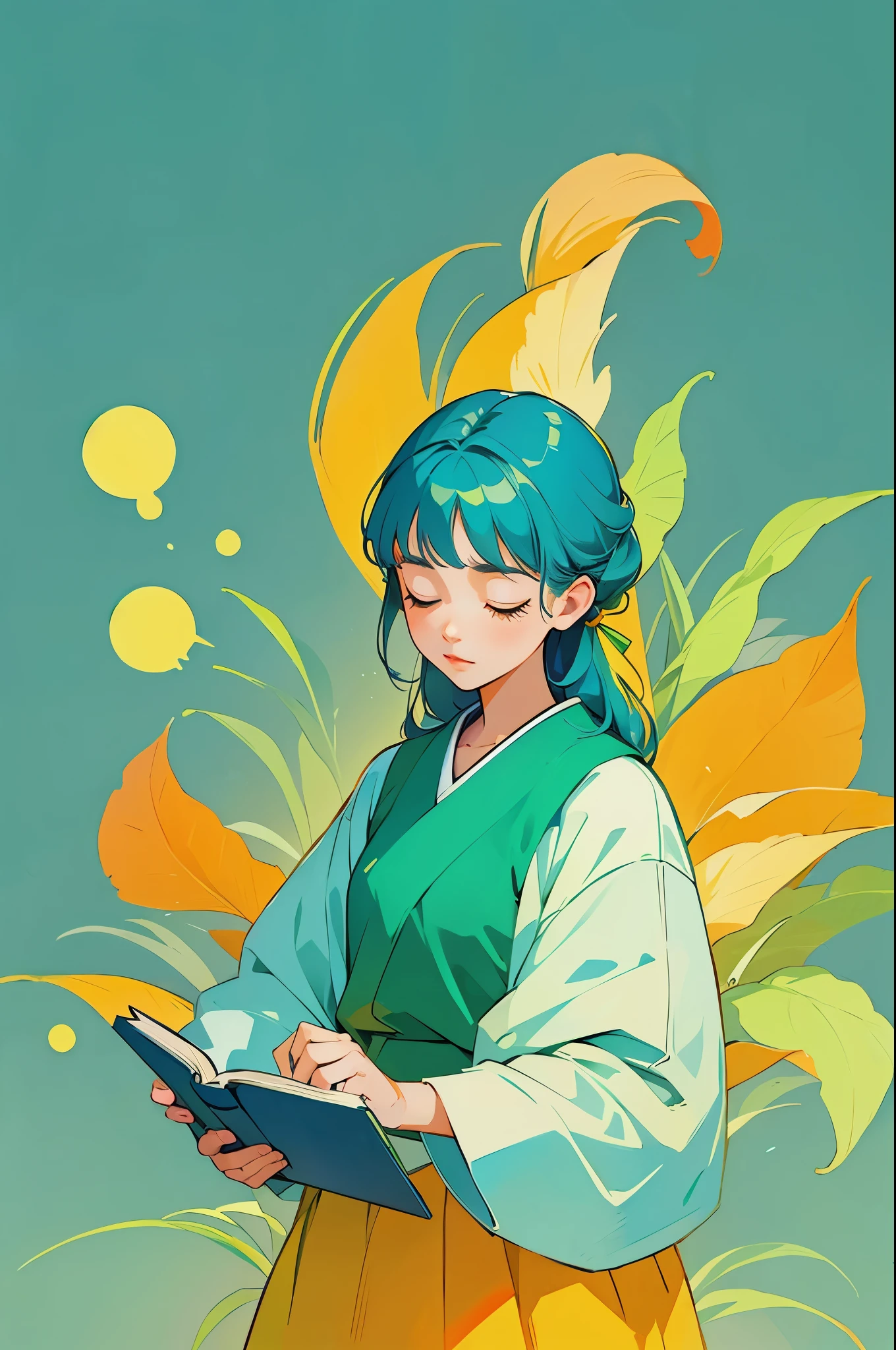 yxycolor，girl reading book ，Simple drawing、green，blue，orange color，illustration，Atmosphere，detail