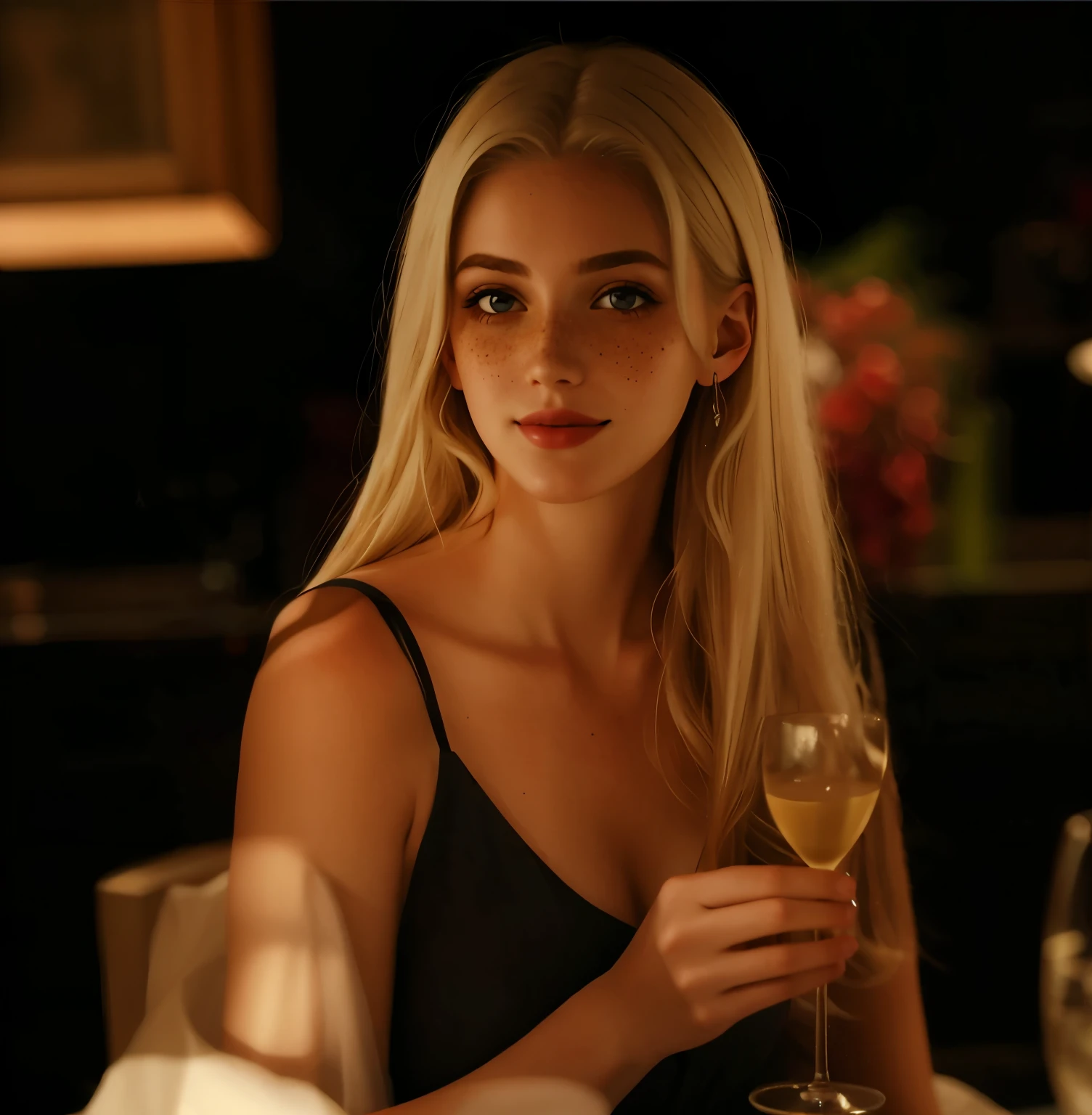 mulher, americana, 25 anos, pale skin and freckles, olhos cinzas, nariz delicado, soft and delicate lips, longo, cabelo blondie longo e ondulado na altura da cintura, sorriso meigo, face with delicate feminine facial features