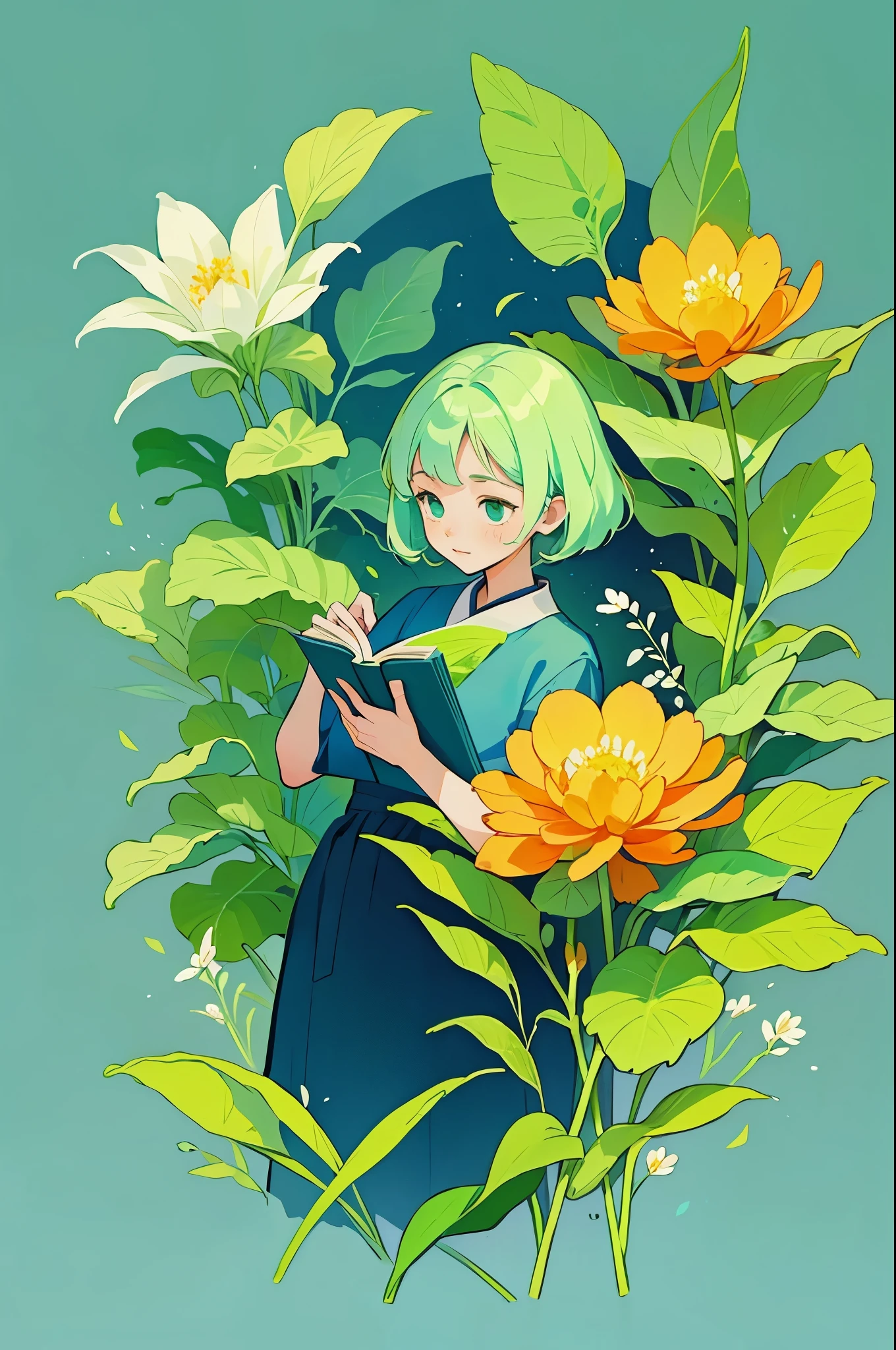 yxycolor，girl reading book ，Simple drawing、green，blue，orange color，illustration，green植物，A small number of flowers