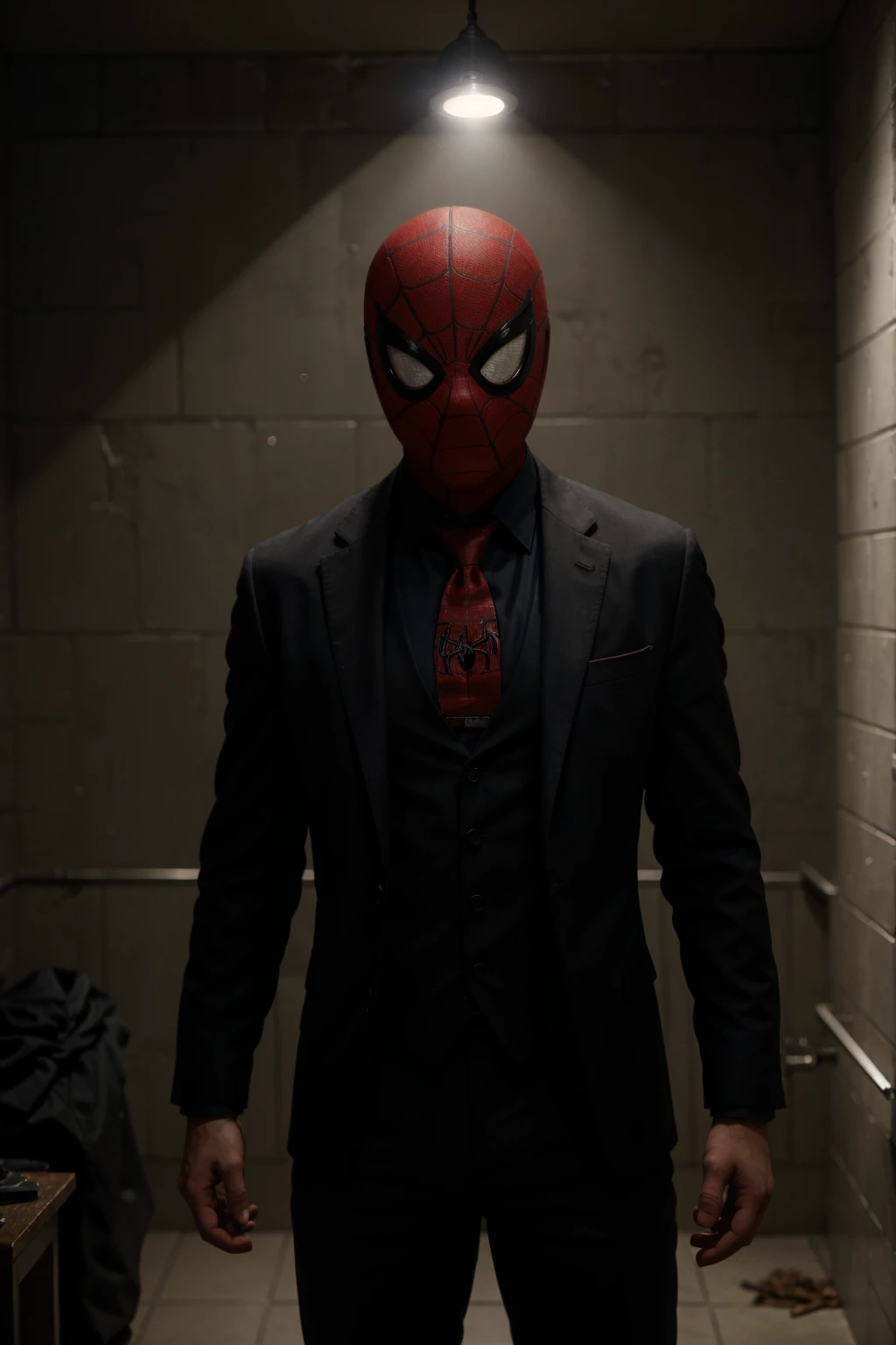 Spider-Man is standing in a dark and mysterious environment. The scene is lit by a single light source, creating a sense of tension and suspense. The character is wearing a suit and tie, and their face is obscured by shadows. The image is rendered in high detail, with realistic textures and materials. The overall effect is a visually stunning and thought-provoking image that is sure to keep viewers engaged.