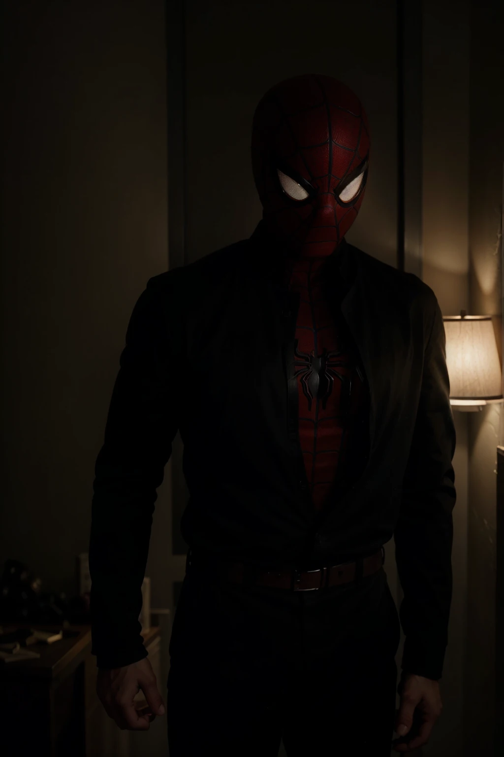 Spider-Man is standing in a dark and mysterious environment. The scene is lit by a single light source, creating a sense of tension and suspense. The character is wearing a suit and tie, and their face is obscured by shadows. The image is rendered in high detail, with realistic textures and materials. The overall effect is a visually stunning and thought-provoking image that is sure to keep viewers engaged.