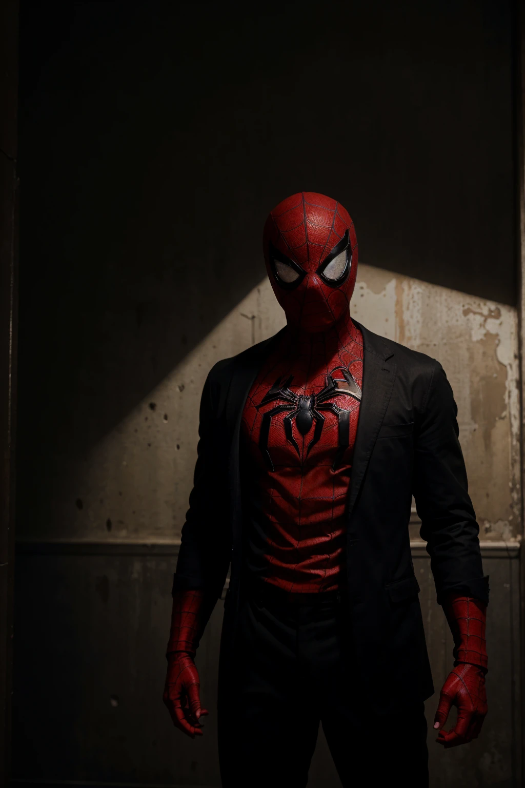 Spider-Man is standing in a dark and mysterious environment. The scene is lit by a single light source, creating a sense of tension and suspense. The character is wearing a suit and tie, and their face is obscured by shadows. The image is rendered in high detail, with realistic textures and materials. The overall effect is a visually stunning and thought-provoking image that is sure to keep viewers engaged.
