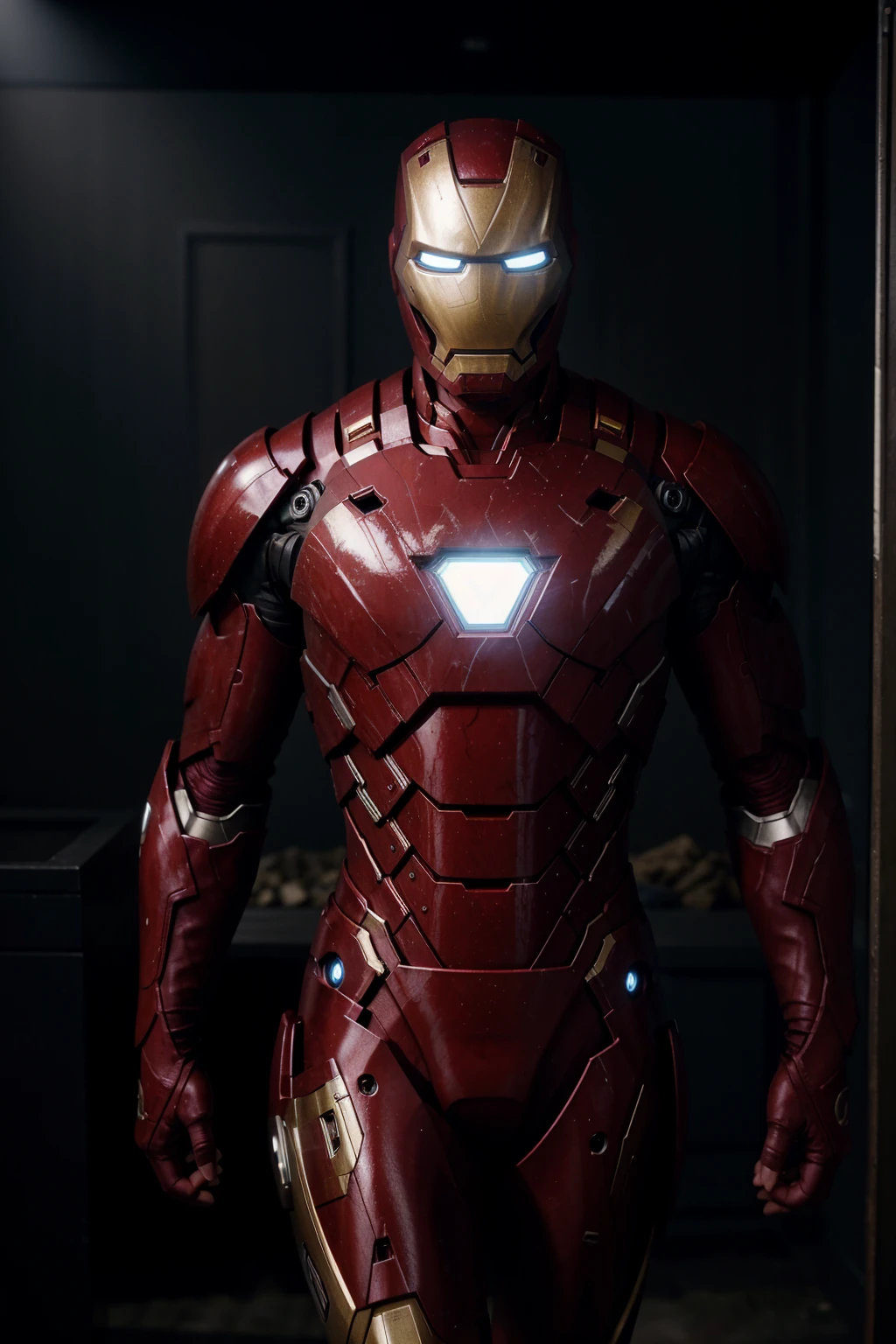 Iron Man is standing in a dark and mysterious environment. The scene is lit by a single light source, creating a sense of tension and suspense. The character is wearing a suit and tie, and their face is obscured by shadows. The image is rendered in high detail, with realistic textures and materials. The overall effect is a visually stunning and thought-provoking image that is sure to keep viewers engaged.
