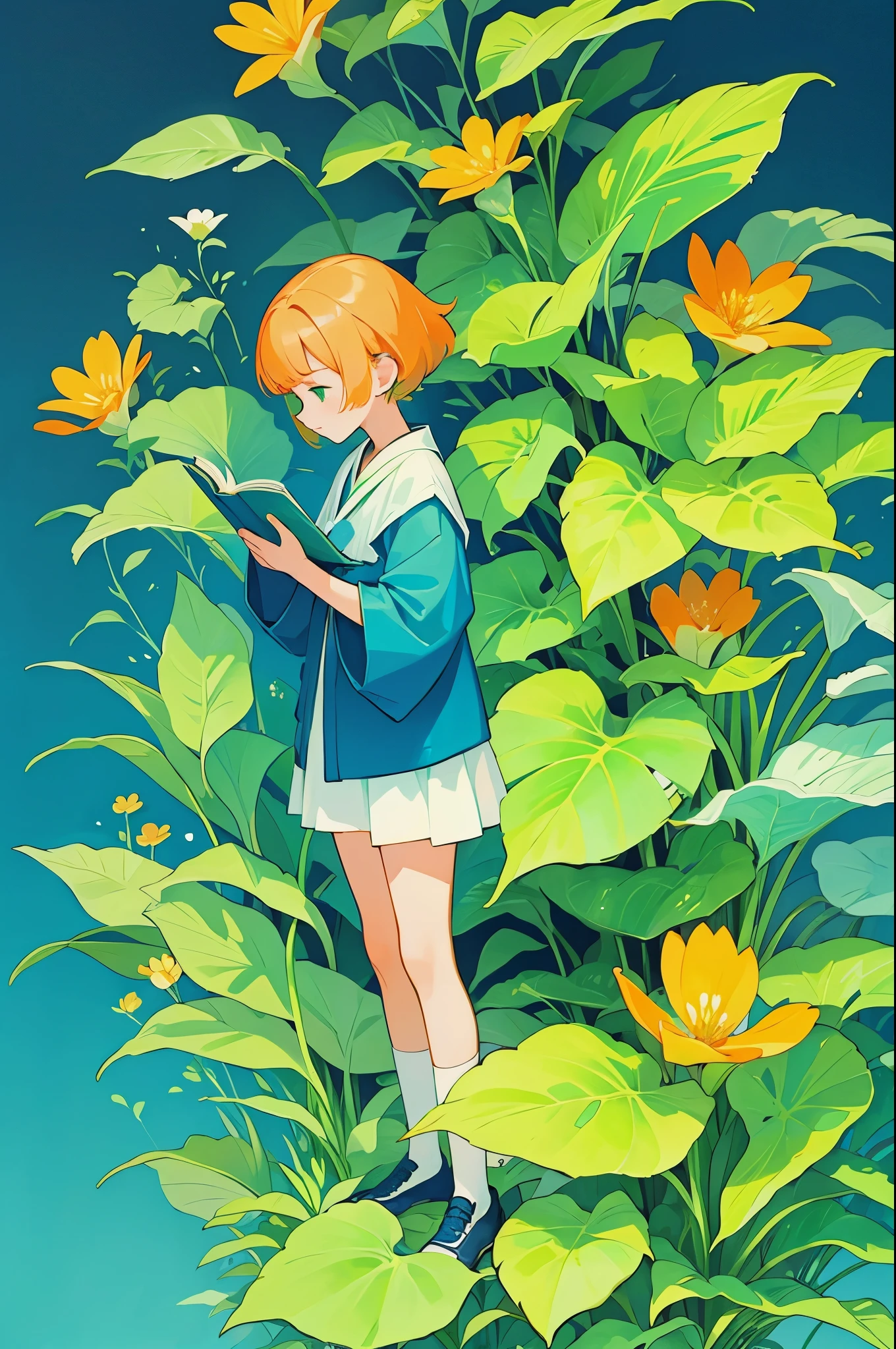 yxycolor，girl reading book ，Simple drawing、green，blue，orange color，illustration，green植物，A small number of flowers