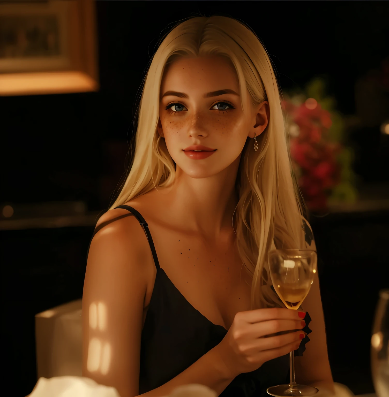 mulher, americana, 25 anos, pale skin and freckles, olhos cinzas, nariz delicado, soft and delicate lips, longo, cabelo blondie longo e ondulado na altura da cintura, sorriso meigo, face with delicate feminine facial features