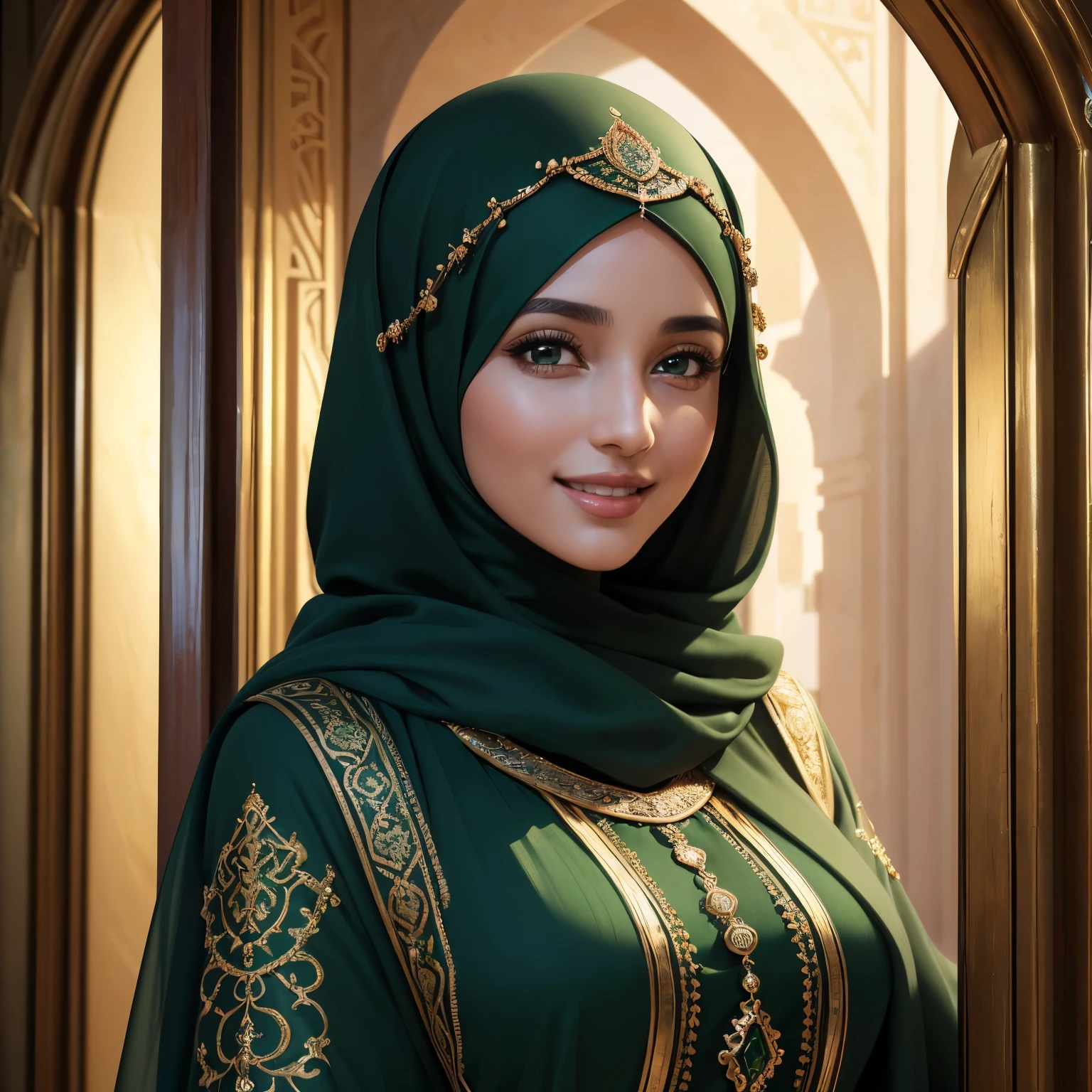 (best quality,4k,8k,highres,masterpiece:1.2),ultra-detailed,(realistic,photorealistic,photo-realistic:1.37),very beautiful girl, arabic descendant, statuesque figure, intricate green hijab and abaya, detailed fingers, middle eastern big door background, subtle smile, oil painting, portraits, vivid colors, warm color tones, soft lighting.