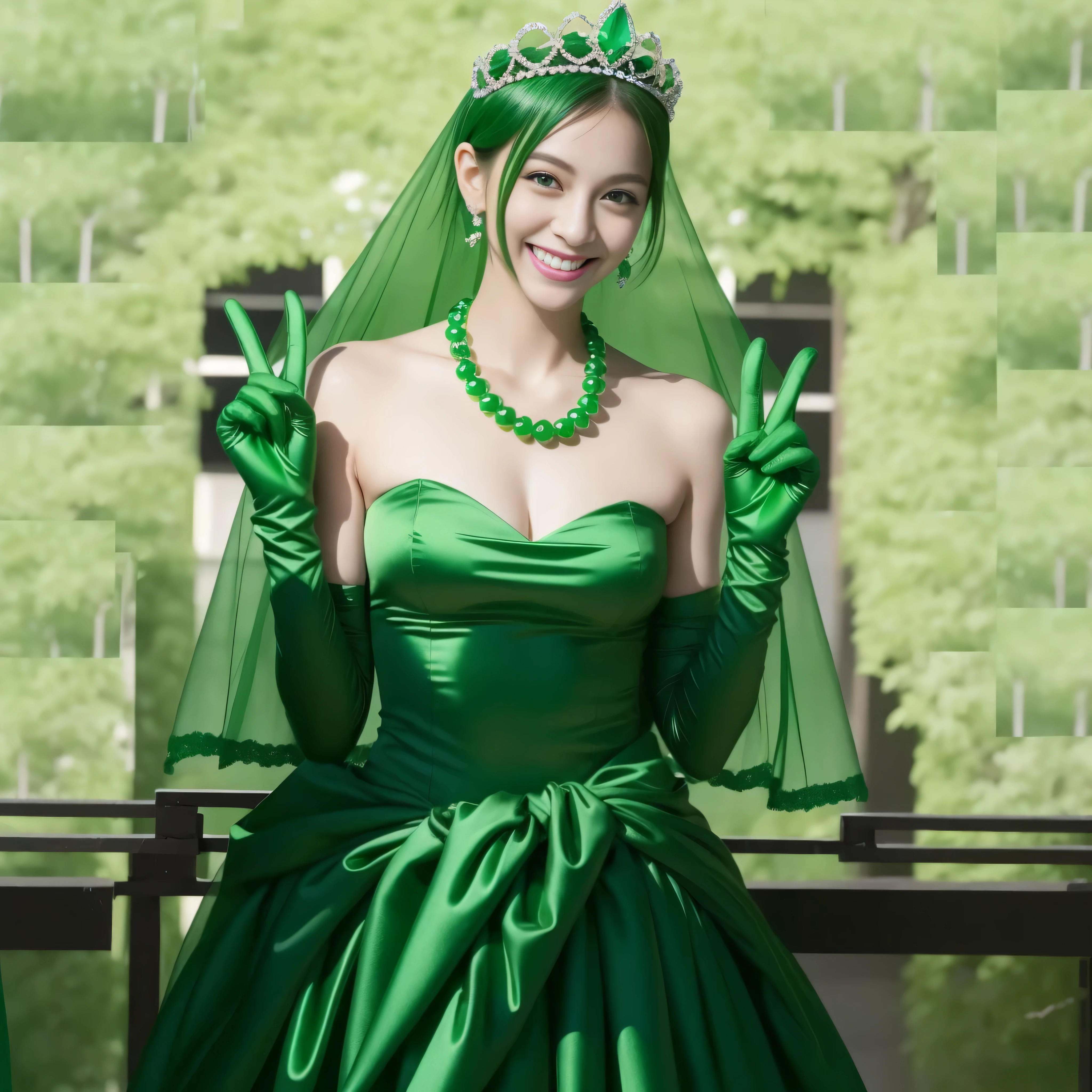 emerald tiara, Green Pearl Necklace, Boyish green berry short hair, lipstick, Smiling Japan woman, very short hair, big breasts beautiful, green eyes, Green long gloves made of satin material, green eyes, v sign, emerald earrings, green gloss