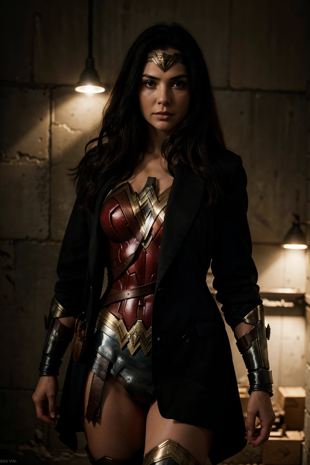 Wonder Woman is standing in a dark and mysterious environment. The scene is lit by a single light source, creating a sense of tension and suspense. The character is wearing a suit and tie, and their face is obscured by shadows. The image is rendered in high detail, with realistic textures and materials. The overall effect is a visually stunning and thought-provoking image that is sure to keep viewers engaged.
