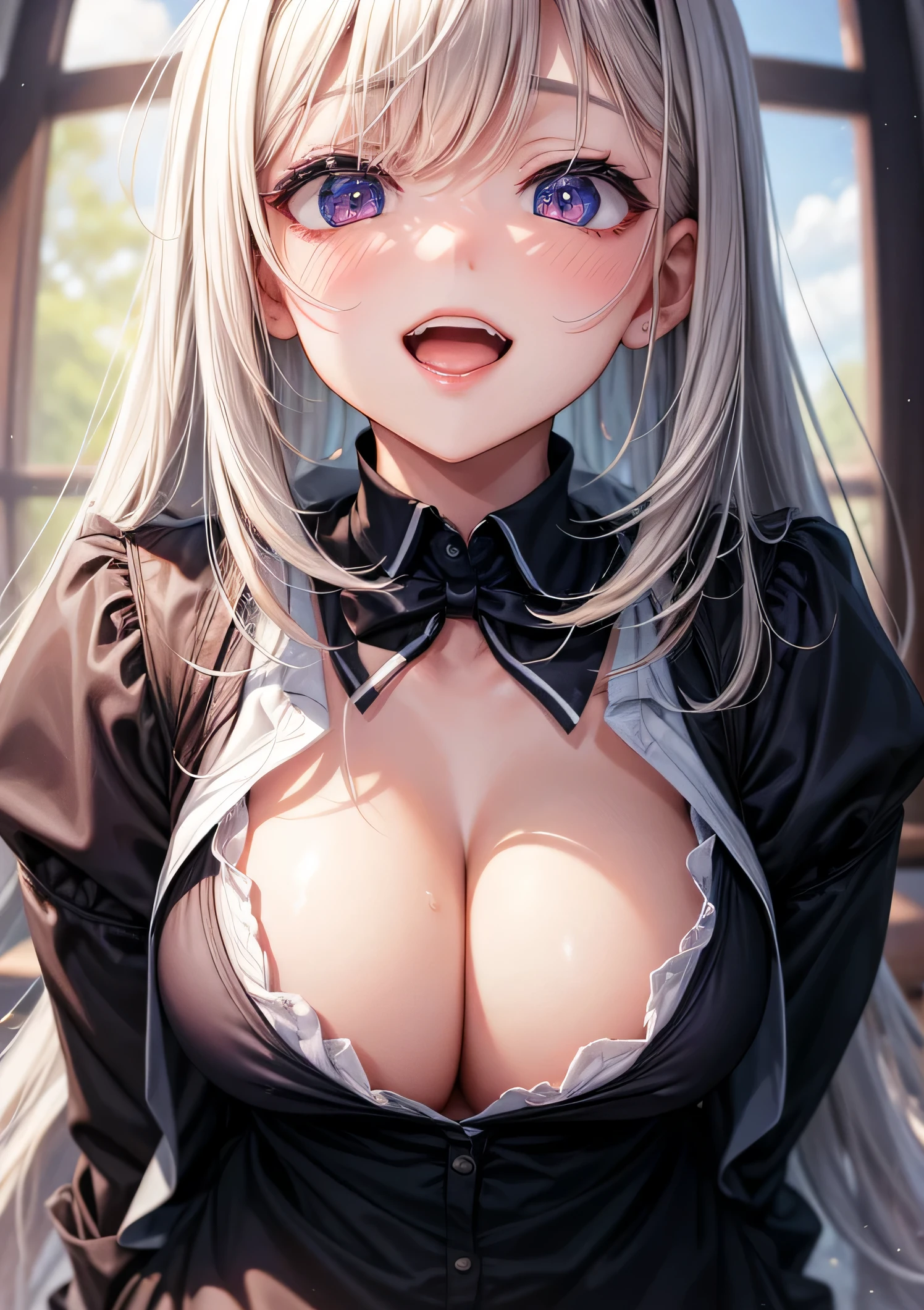 ((masterpiece,highest quality,High resolution,、1 girl,huge breasts,dressed,looking at the viewer),school uniform)),erect nipples,Upper body,panty shot,NSFW,red eyes、evil smile、open your mouth、white skin,blonde、highly detailed face、、Ahegao,sexy、(thin clothes)、fine hands、attractive breasts、、 girl,classroom