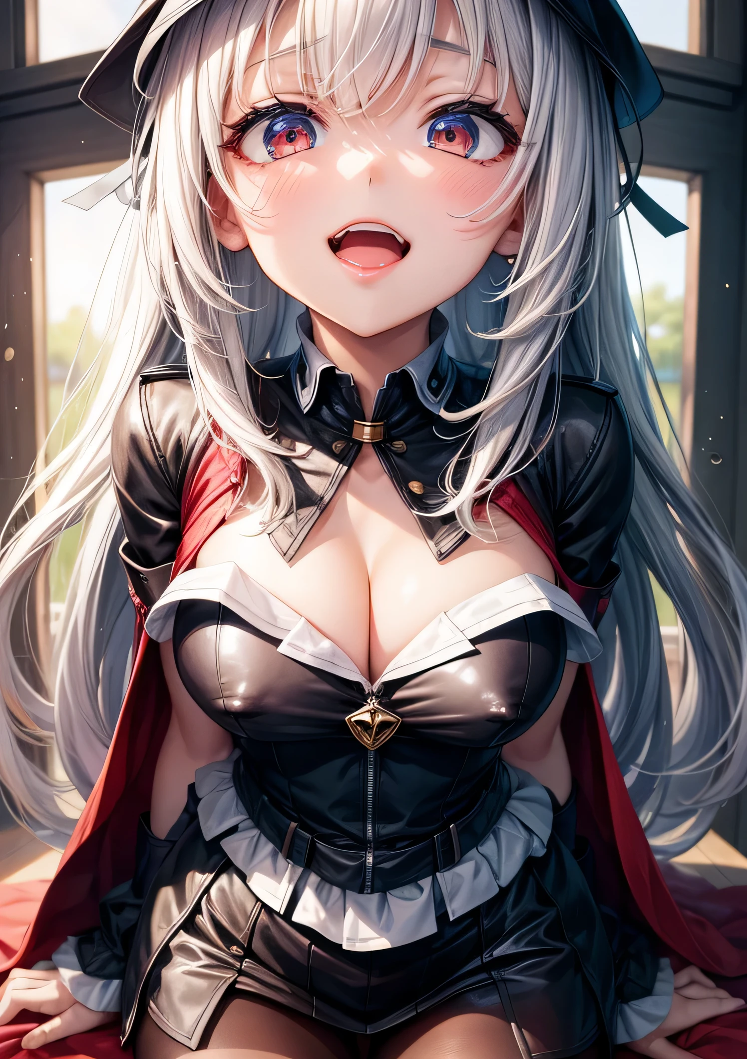 ((masterpiece,highest quality,High resolution,、1 girl,huge breasts,dressed,looking at the viewer),school uniform)),erect nipples,Upper body,panty shot,NSFW,red eyes、evil smile、open your mouth、white skin,blonde、highly detailed face、、Ahegao,sexy、(thin clothes)、fine hands、attractive breasts、、10 year old girl,classroom