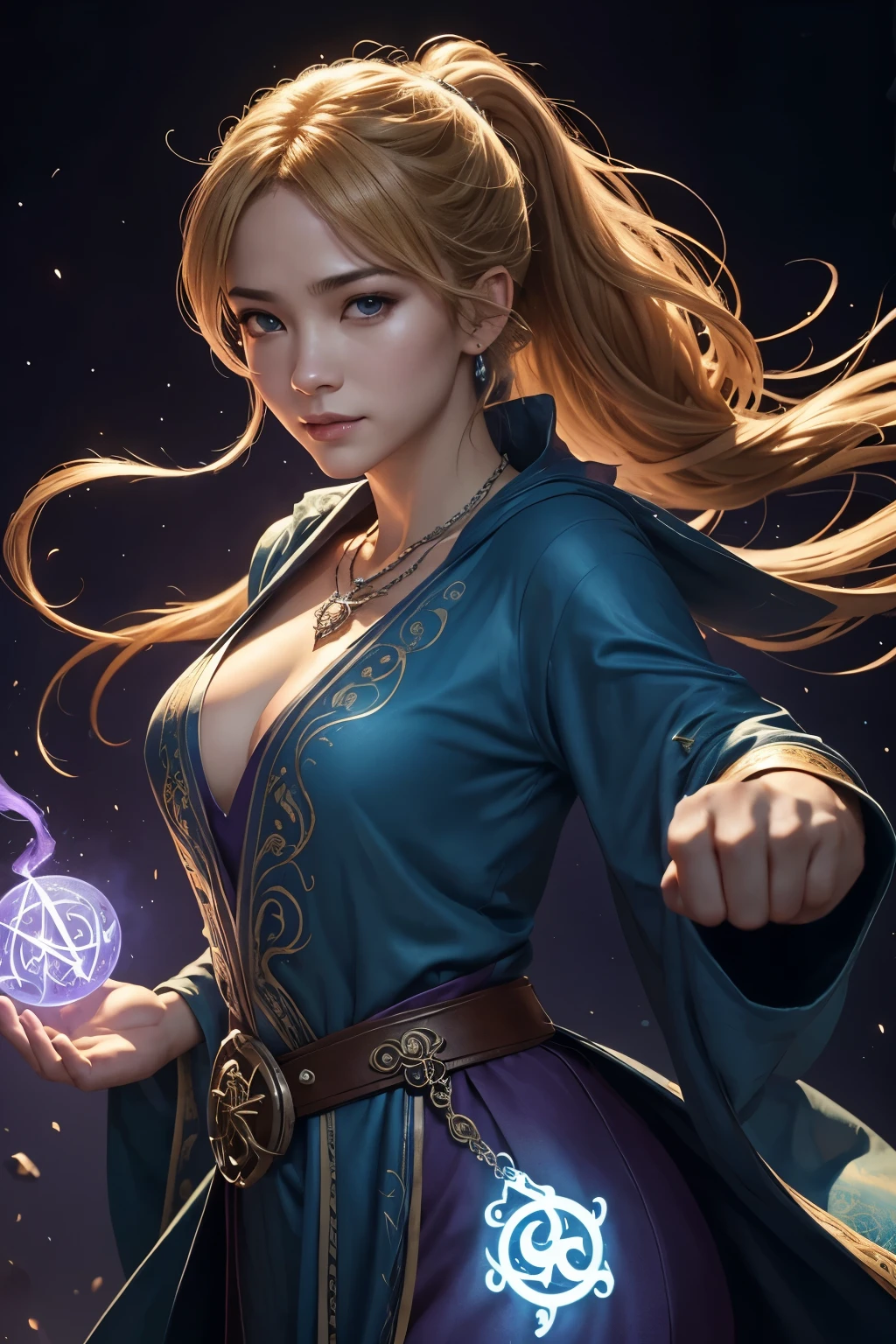 8K,Medium color portrait illustration of an attractive female wizard with ponytail、In the style of Adrian Genie、smile for a long time, Loose, Sexy wizard's robe with intricate flowing blue embroidery、Super beautiful(like the real thing),Blonde curly hair,masterpiece、highest quality、very detailed(dungeon background)、magician_grams、necklace、Pouch、internal、(big glowing rune circle)、fire and ice、cast a spell、very detailed顔、超A high resolution、In the style of Adrian Genie、 by Esao Andrews、jenny saville、end ward hopper、surrealism、Dark Art by James Jean、takato yamamoto、inkpunk minimalism、highest qualityの詳細、realistic、High resolution、high quality texture、spectacular lighting、Movie stills、soft writing,emits purple energy,Close-up,dynamic pose,fighting pose,action scene,