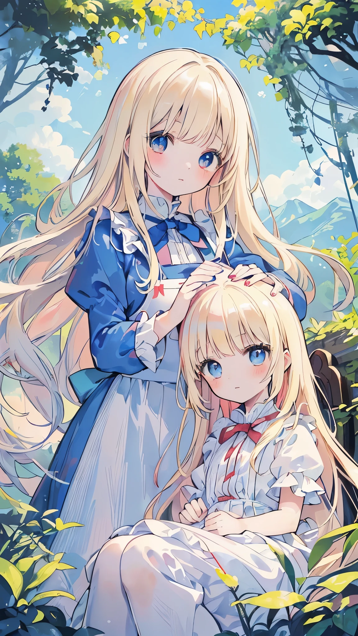 High resolution, (An illustration: 1.3), anime、((highest quality)), (Super detailed), (beautiful), ((Peaceful rural scenery:1.3)),,(small children&#39;s eyes are red、the girl&#39;s eyes are red、mother&#39;s eyes are blue、Mother and daughter、mother stroking her daughter&#39;s head:1.4)、cute face、(alice in wonderland costume:1.4),white and transparent skin、(blue ribbon on head:1.3)、(Shiny pale colorful blonde long hair:1.4),Delighted face、(low position、from below:1.3)