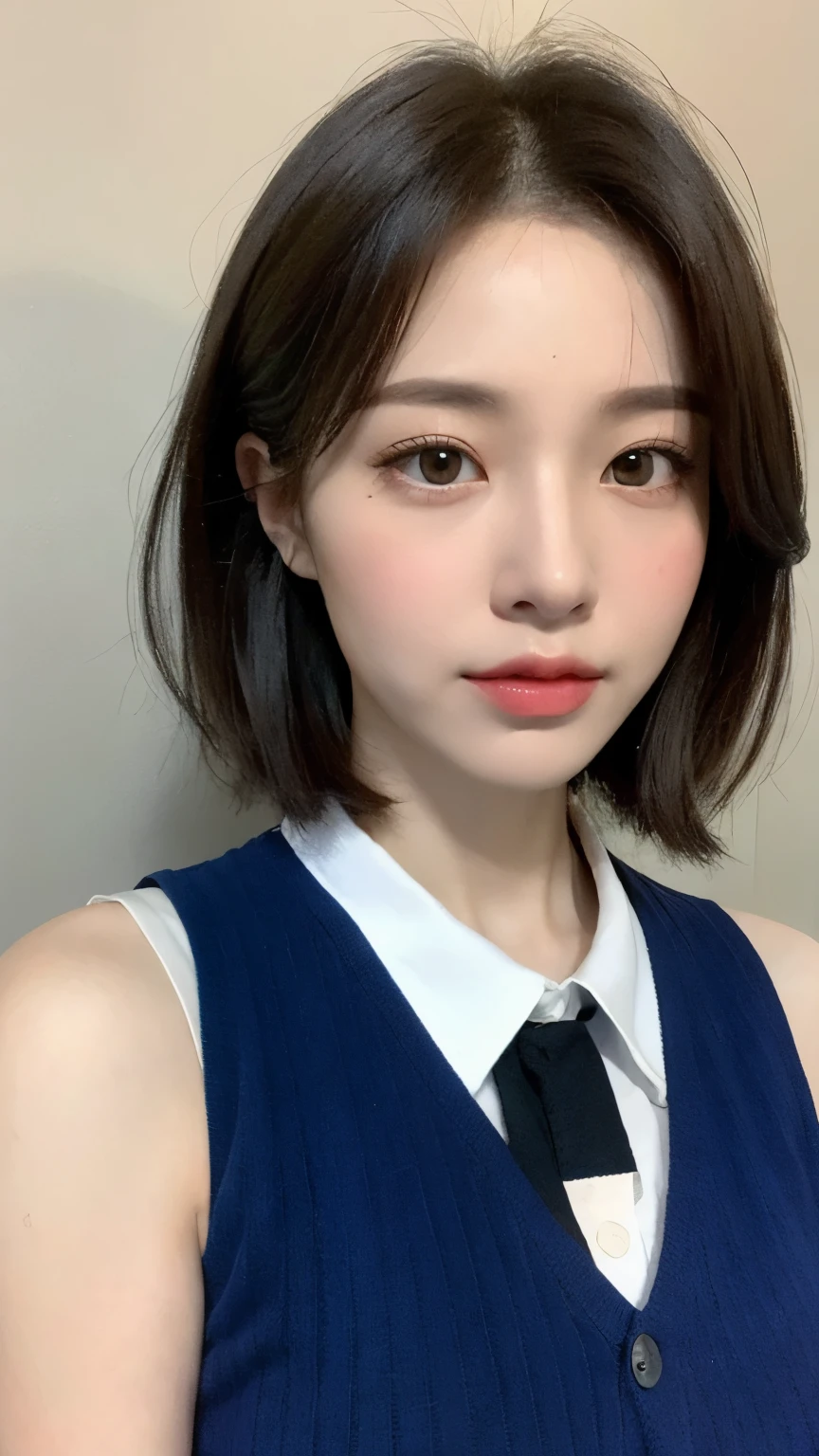 (lifelike, high resolution:1.3), 1 girl with perfect figure, The face shape and eyes are super delicate, short hair, random color vest:1.2,medium chest,protrude,Baogou