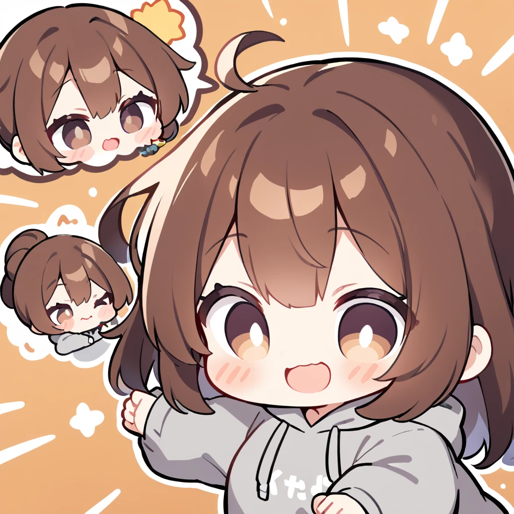 1girl, brown hair、smile、dark brown eyes、blush、piece、gray hoodie、bust-up、kind、Chibi