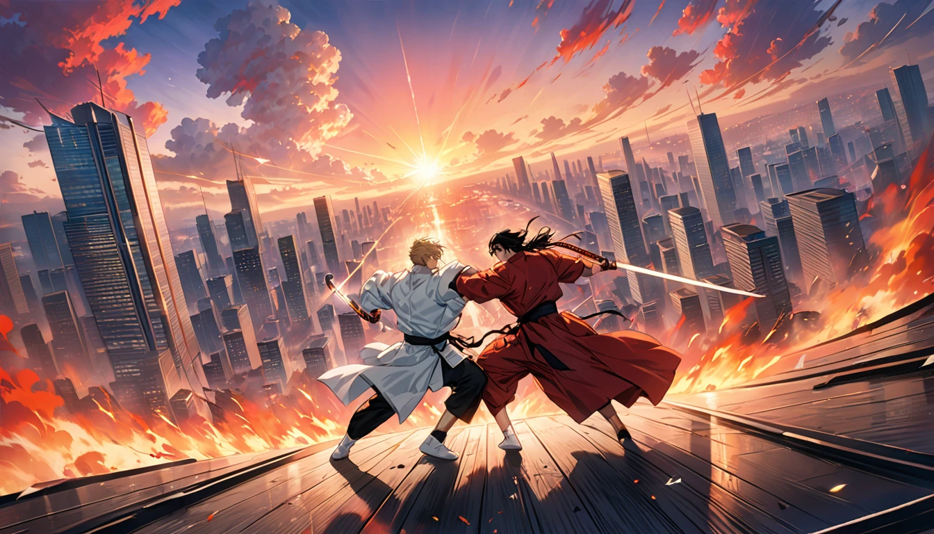 Anime illustration,, A dramatic and intense final showdown scene, where two skilled martial artists are engaged in a high-stakes battle. The background is a city skyline with tall, modern buildings, and a vibrant sunset. The atmosphere is a mix of adrenaline and suspense, with a sense of the stakes being higher than ever., high res, best quality, masterpiece,