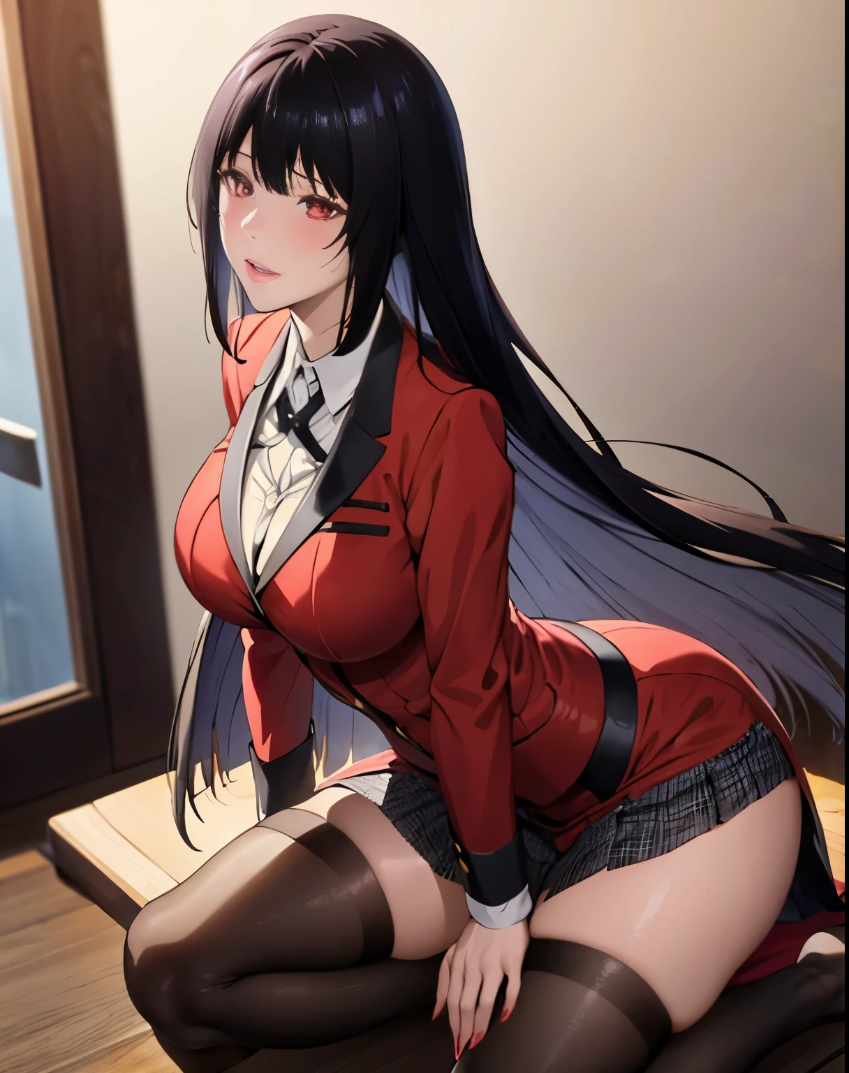 High resolution、masterpiece、1 girl, Jabami Yumeko,hmjy1 long black hair,red eyes,blush,sexy body,((uniform, red jacket)), Red blazer with black trim on cuffs and collar lining, White button-up dress shirt and black tie, Black and gray plaid miniskirt, black tights, そして茶colorのローファー. , cowboy shot,beautiful体,perfect eyes, perfect face,表情豊かな目のmasterpiece:1.0),(Highest_quality:1.0), かわいい笑face, , beautiful and bright lighting, ,Slender beauty:1.4, slim abs, 引き締まったwaist, (笑face:1.2), slender and long beautiful legs,,超High resolution,4k,super detailed, photograph, 8k, HDR, High resolution, film grain, Lens flare, (lively_color:1.2), (beautiful_face:1.5),(narrow_waist), exquisite visuals, Highest quality,18-year-old、expensive,邪悪な笑face