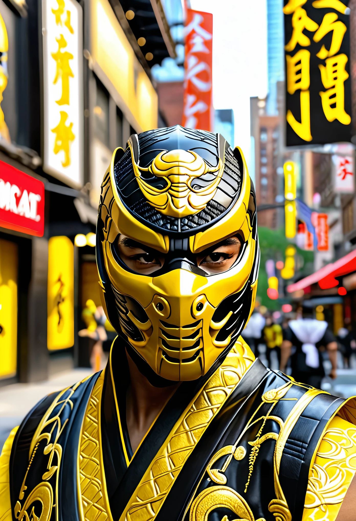 From Mortal Kombat Scorpion black smooth round top head yellow embossed mask yellow embossed sleeveless kimono on the street in New York City , high detail of small details of the face and hands