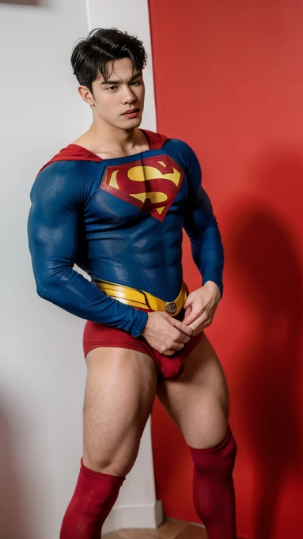 Man body setting，Superman costume tights , (bare thighs ) , sexy , NSFW , eroticism , R18 , seduction, standing , high cut thong 