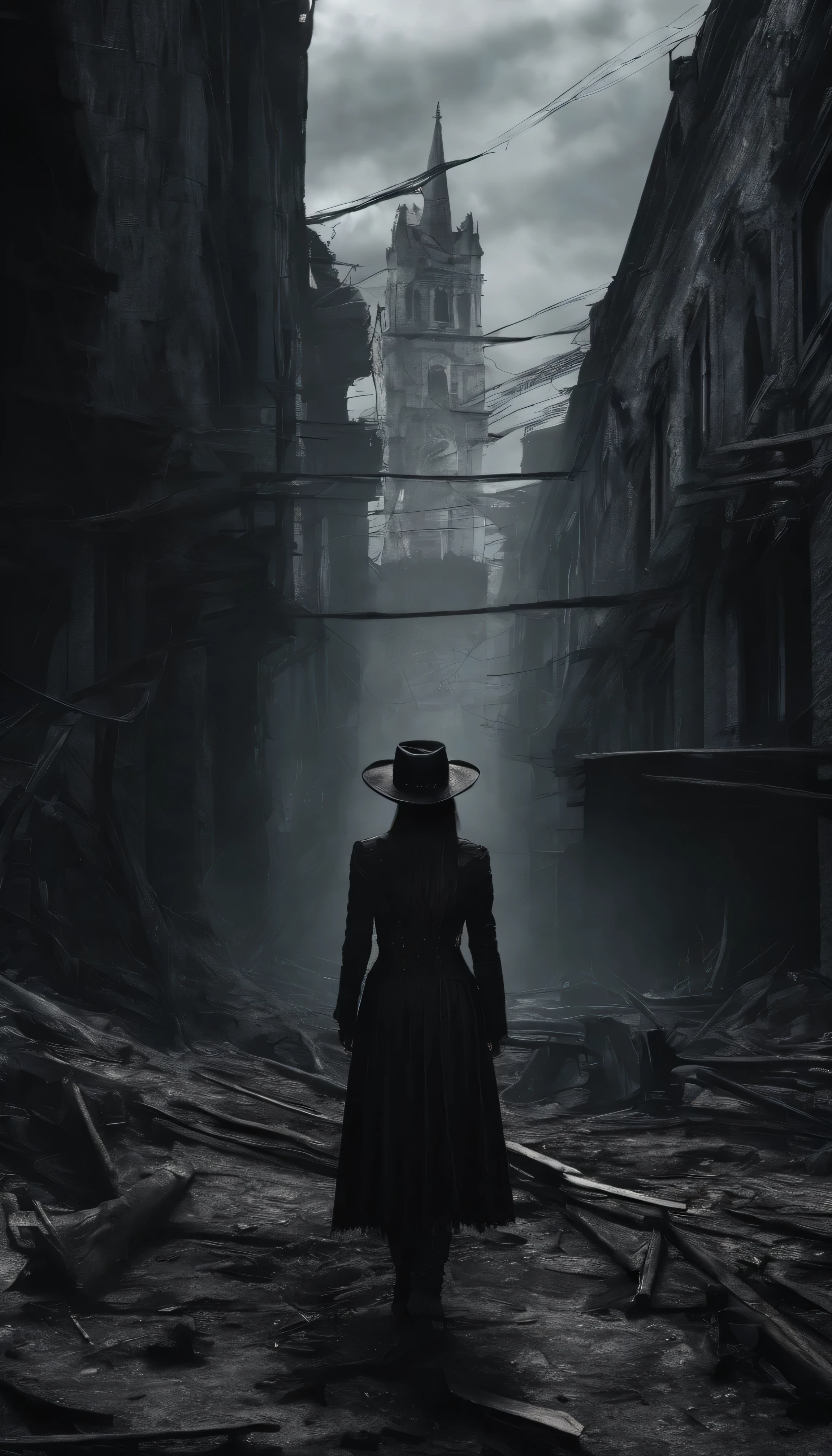 ultra detail, high resolution, ultra detailed, best quality, amazing, top quality, extremely detailed CG unity 8k wallpaper, cinematic lighting, a girl with cowboy hat standing in an abandoned city.