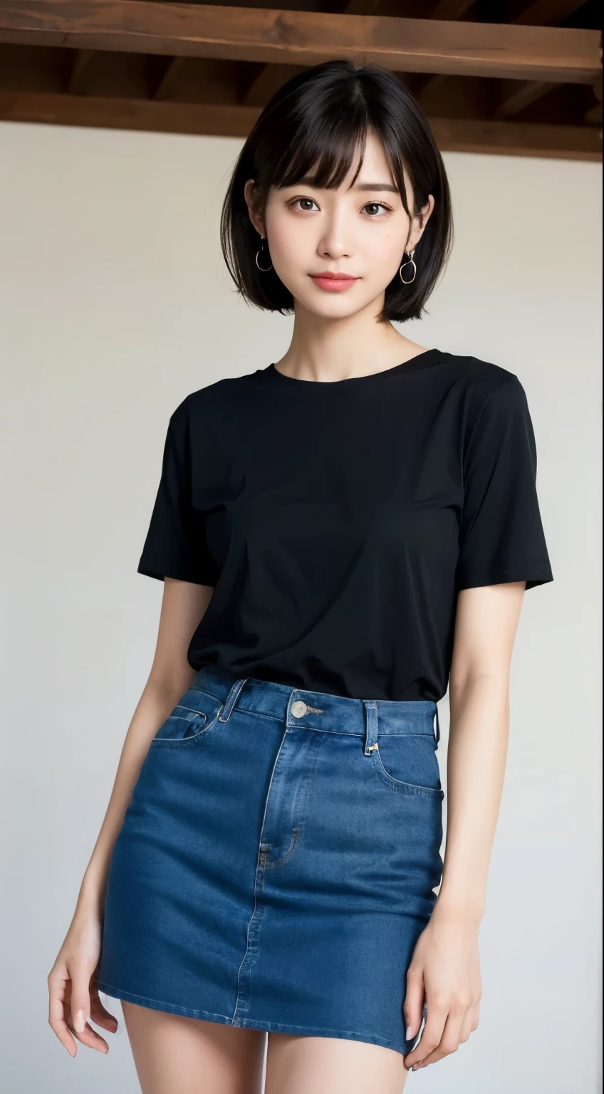 (8k、original photography、best quality、masterpiece:1.2)、Super detailed、super resolution、(real、real photography:1.37)、Potrat、HD RAW color photography、Professional photography、Very detailed and beautiful、Extremely detailed、8k Wallpapers、Amazingly detailed、File size is huge、official art、Highly detailed CG unity 8k wallpapers、Very meticulous beauty、Very detailed face、highly detailed eyes、highly refined skin、extremely delicate fingers、Extremely delicate nose、Highly detailed mouth details、perfect ???????、detailed background、Meticulous costumes、1 girl、(20:1.2)、20s、a beautiful girl、realistic body、short、white skin skin、Shiny skin、slim、Handsome figure、black hair、short hair、(blunt bangs: 1.2)、smile on face、kawaii、pretty face、lifelike face、exquisite eyes、sauce order、((t-shirt))、((Not wearing))、((black miniskirt))、earrings、looking at camera、cowboy shooting、(((front)))、standing posture、Contrabo、dynamic lighting、C cup milk、