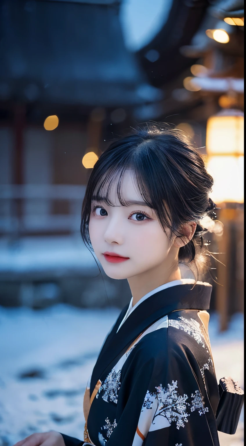 (kimono)、(top quality,Masterpiece:1.3,ultra high resolution,),(Super detailed,Caustics),(Realism:1.4,original shooting,)Ultra-realistic capture,a very detailed,HD 16K human skin、 Natural skin texture、、Skin looks healthy and even-toned、 Use natural light and color,a woman,Japanese,,kawaii,A black-haired one,Zhongfa,(depth of field、Color difference、、Wide lighting range、natural shadow、)、(exterior lights at night:1.4)、(falling snowflakes:1.2)、(hair swaying in the wind:1.1)、(light reflection snow:1.2)