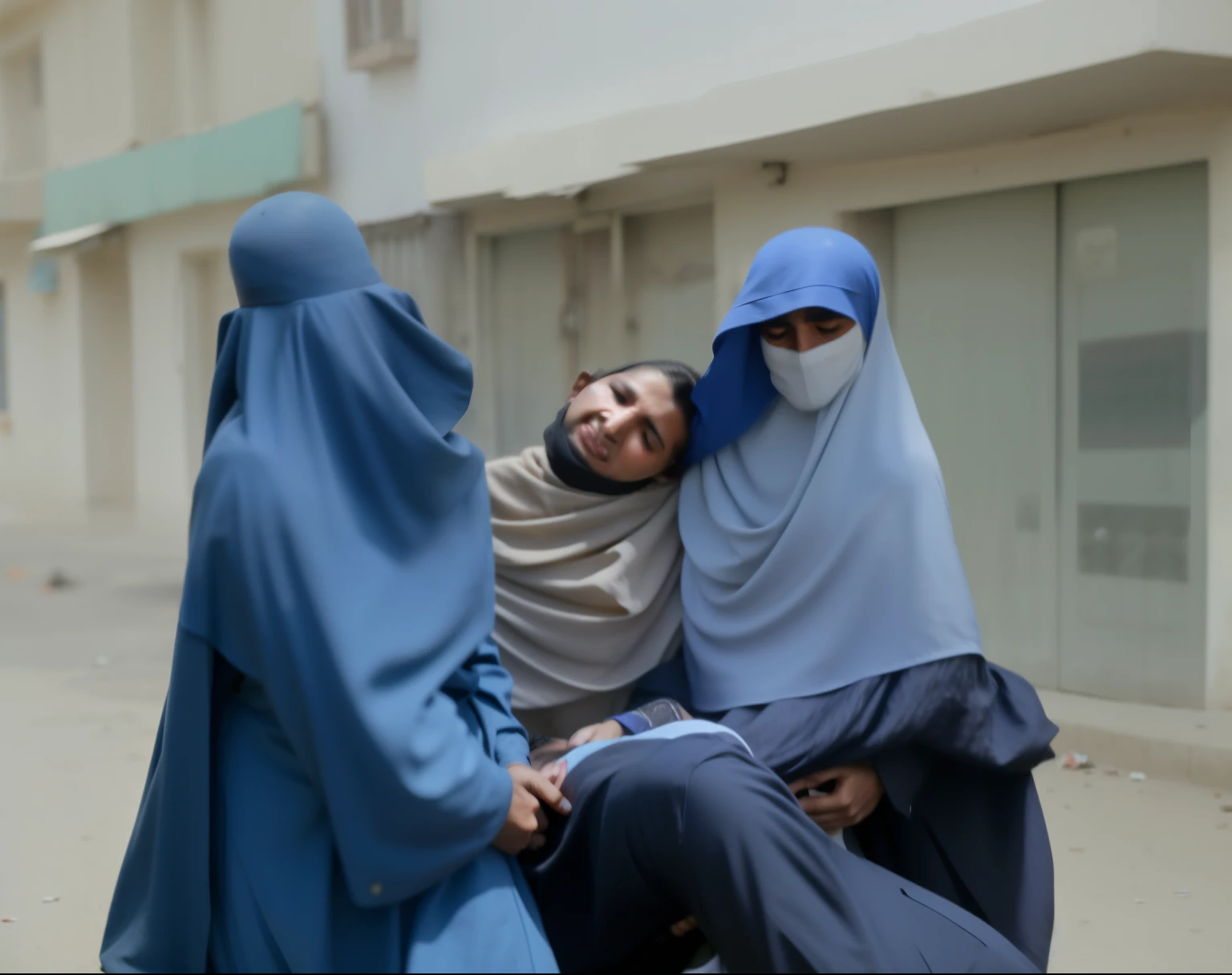 Create a photorealistic editorial photo capturing a scene on an Afghan street. Two Afghan women in burqas are tenderly carrying an injured man with a painful expression between them in their arms, depicting a first aid emergency. Their faces reflect empathy, pain, sympathy, and pity as they rush to help the injured man. The composition should evoke a sense of urgency and compassion, highlighting the human connection and resilience amidst adversity in Afghanistan.