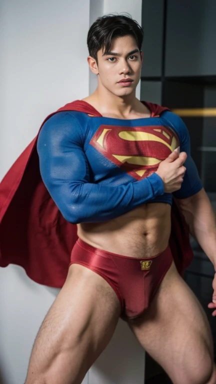 Man body setting,Superman costume tights , (bare thighs ) , sexy , NSFW , eroticism , R18 , seduction, standing , high raise thong , big thighs , fat hips