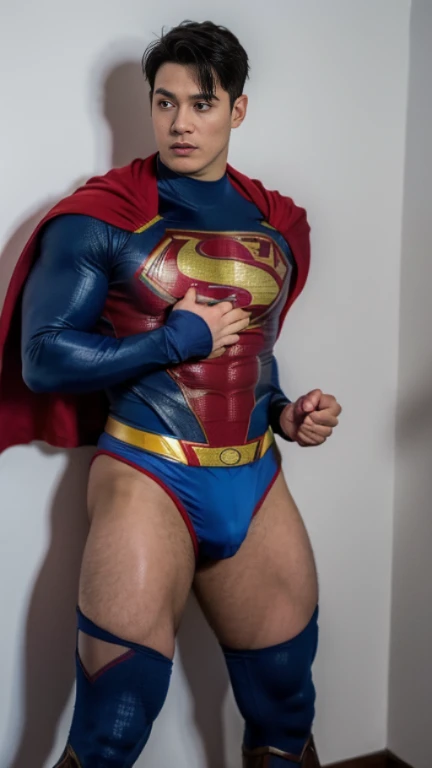 Man body setting，Superman costume tights , (bare thighs ) , sexy , NSFW , eroticism , R18 , seduction, standing , high cut thong , big thighs , fat hips