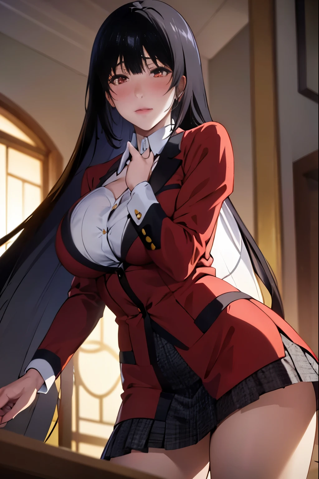 High resolution、masterpiece、1 girl, Jabami Yumeko,hmjy1 long black hair,red eyes,blush,sexy body,((uniform, red jacket)), Red blazer with black trim on cuffs and collar lining, White button-up dress shirt and black tie, Black and gray plaid miniskirt, black tights, そして茶colorのローファー. , cowboy shot,beautiful体,perfect eyes, perfect face,表情豊かな目のmasterpiece:1.0),(Highest_quality:1.0), かわいい笑face, , beautiful and bright lighting, ,Slender beauty:1.4, slim abs, 引き締まったwaist, (笑face:1.2), slender and long beautiful legs,,超High resolution,4k,super detailed, photograph, 8k, HDR, High resolution, film grain, Lens flare, (lively_color:1.2), (beautiful_face:1.5),(narrow_waist), exquisite visuals, Highest quality,18-year-old、expensive,邪悪な笑face