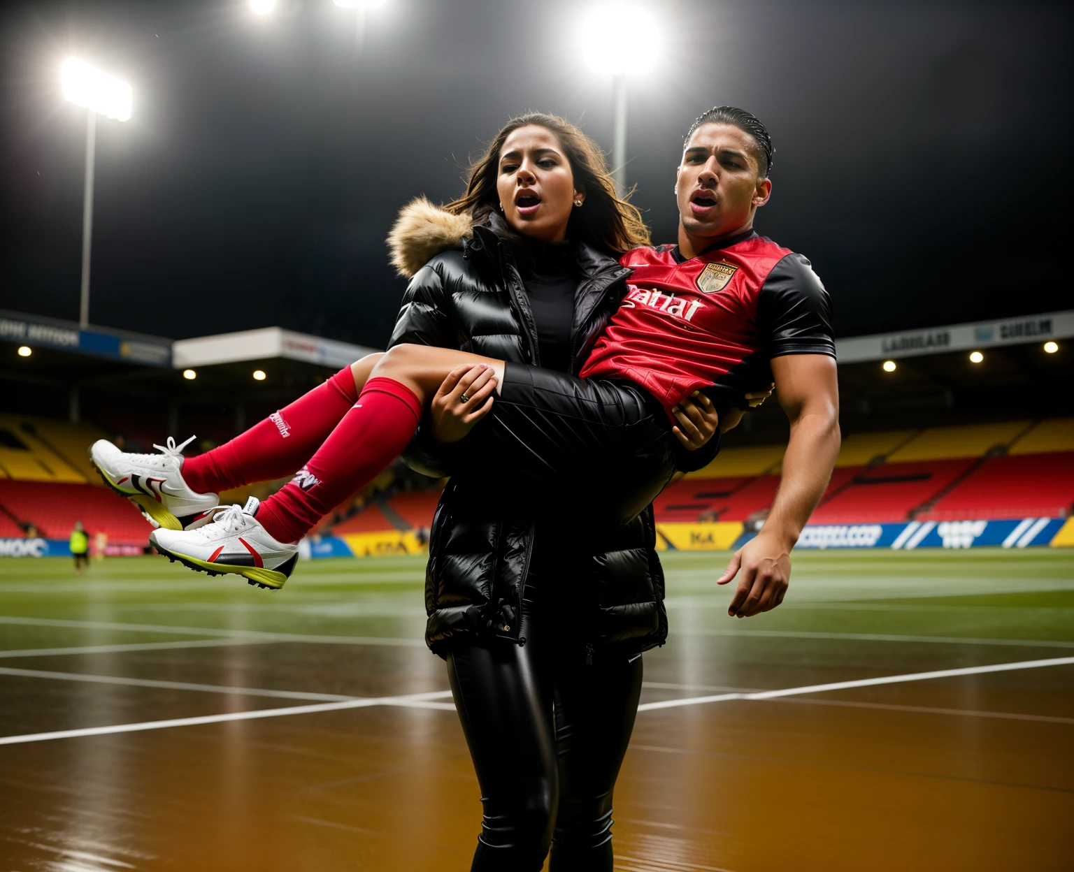 a screaming girl in a laquered and very shiny quilted coat carries a man, a woman carries a man, a woman carries a male soccer player in her arms, rainy weather, rainfall, humid, girl carries guy, lift and carry, an excessively madeup latino-girl in a high-shine wet black latex downcoat, a soccer scene, very matte cotton soccer sportswear on a well shaped male body, a soccer injury, first aid carry at a soccer match, a young madeup latino-girl in a shiny black vinyl downjacket, a madeup latino-girl in a shiny plastic-downcoat, a very sad and desperately crying latino-girl, an intensely madeup latino-girl in a glossy black vinyl-downcoat, latino-girl with lipstick, latino-girl with smoky eyes, dramatic action pose, woman that is carrying a skinny shorthaired man, there is a beautiful woman in a shiny coat who is carrying a shorthaired blond man in her arms, a longhaired beautiful woman in a high-shine black puffy coat, a longhaired woman in a shiny downcoat, a woman is carrying a shorthaired man who is wearing black shorts, a weak shorthaired man in black shorts is consciousless and needs to be carried, a shorthaired man with closed eyes is carried in the arms of a longhaired latino-woman, a latino-woman looks very scared and terrified, a consciousless shorthaired man with closed eyes is suffering very much and has a very painful face, photo, photo shoot, photographed, arafed man being carried by a woman, very realistic, very very realistic, hyper-realistic, hyper - realistic, hyper realistic, jacket over bare torso, very disturbing, very hyperrealistic, super realistic, hyperrealistic!, extremely realistic, very very very realistic, super-realistic realistic, super-realistictic!, extremely realistic, very very very realistic, super-realistic realistic, super-realistic